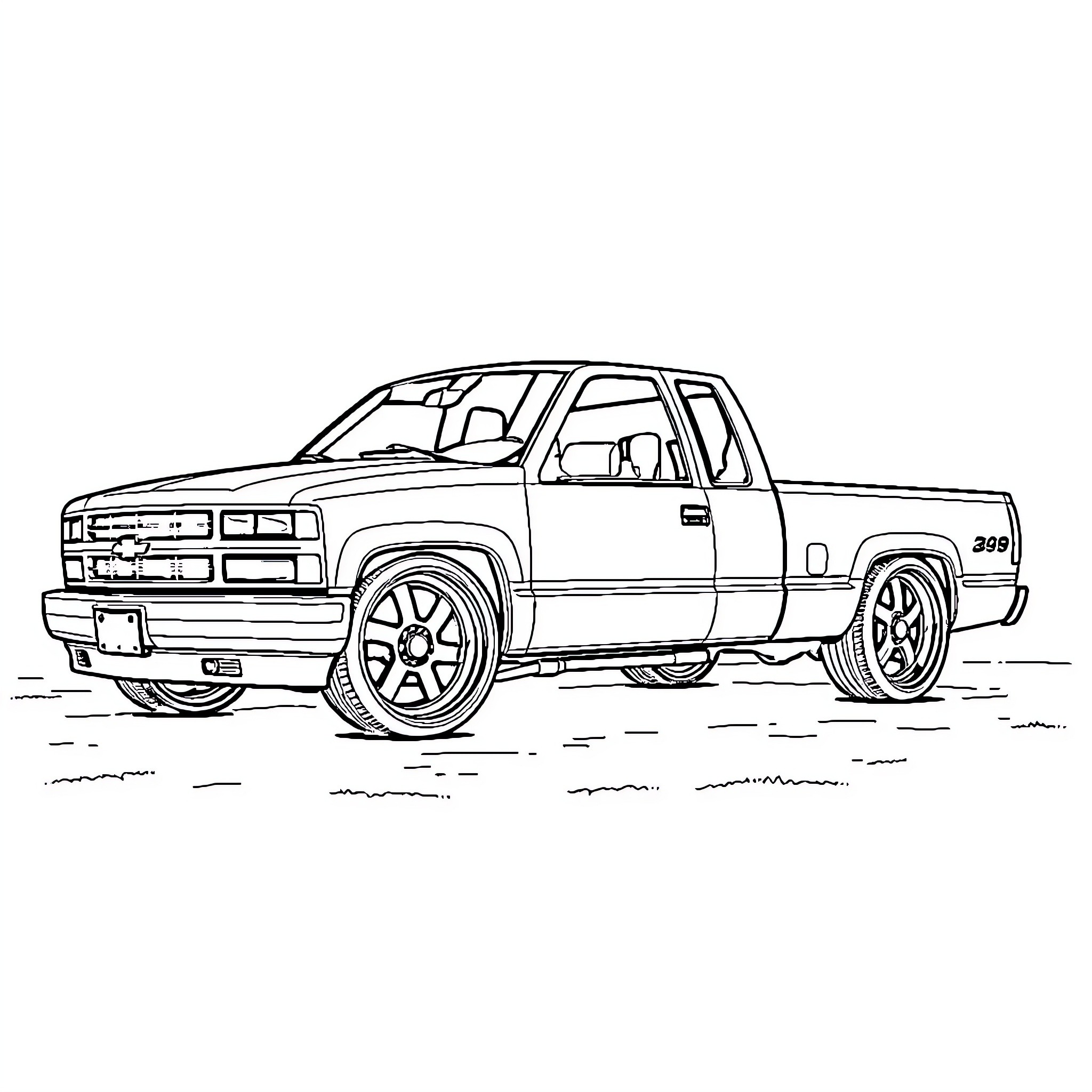 Chevy truck with stylish accessories Coloring Page (free black-and-white line drawing printable PDF for all, from beginners to advanced learners, including children, teens, adults, and seniors)