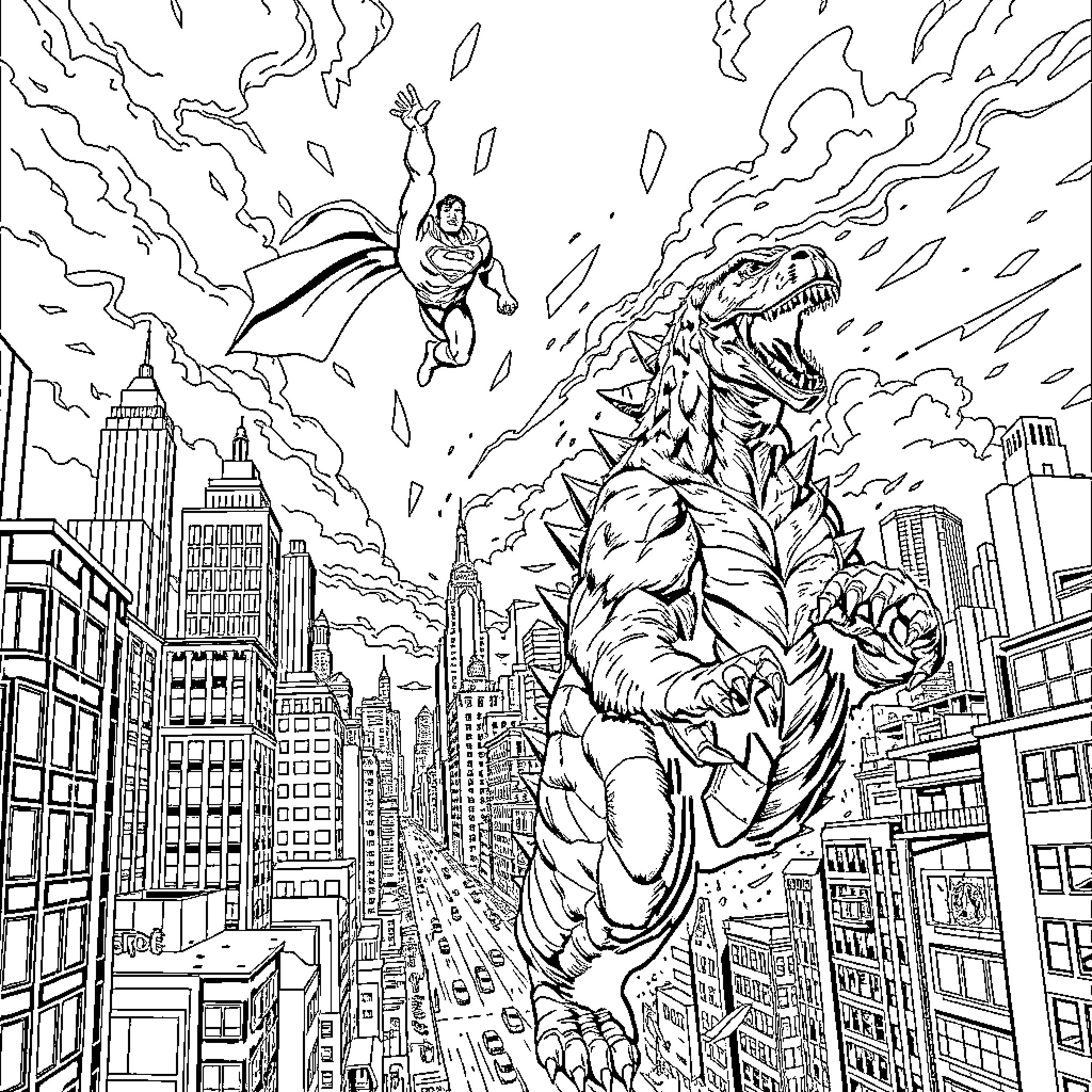 Superman Confronting a Giant Dinosaur in the City Coloring Page (free black-and-white line drawing printable PDF for all, from beginners to advanced learners, including children, teens, adults, and seniors)