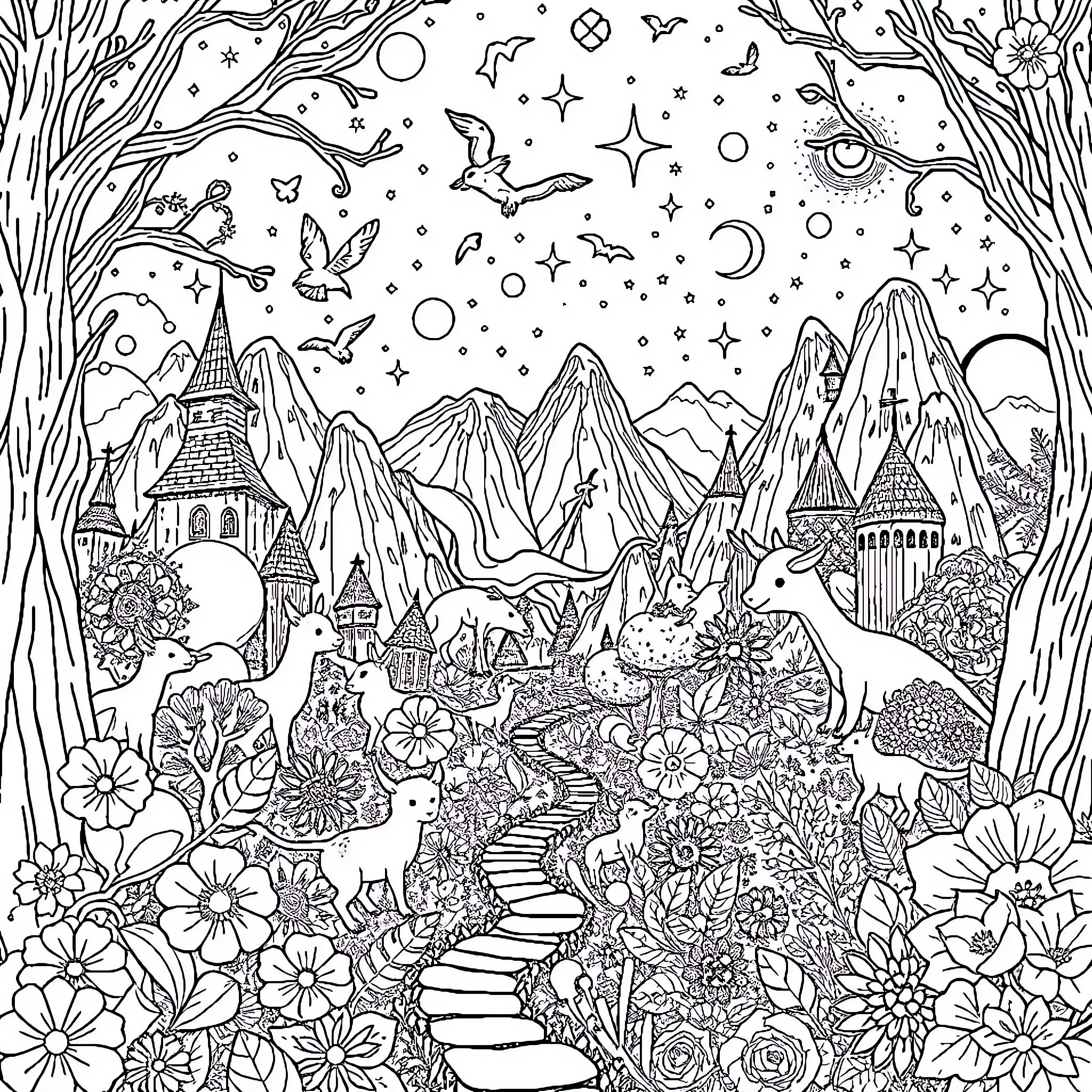 Chite's Enchanted Woodland Wonderland Coloring Page (free black-and-white line drawing printable PDF for all, from beginners to advanced learners, including children, teens, adults, and seniors)
