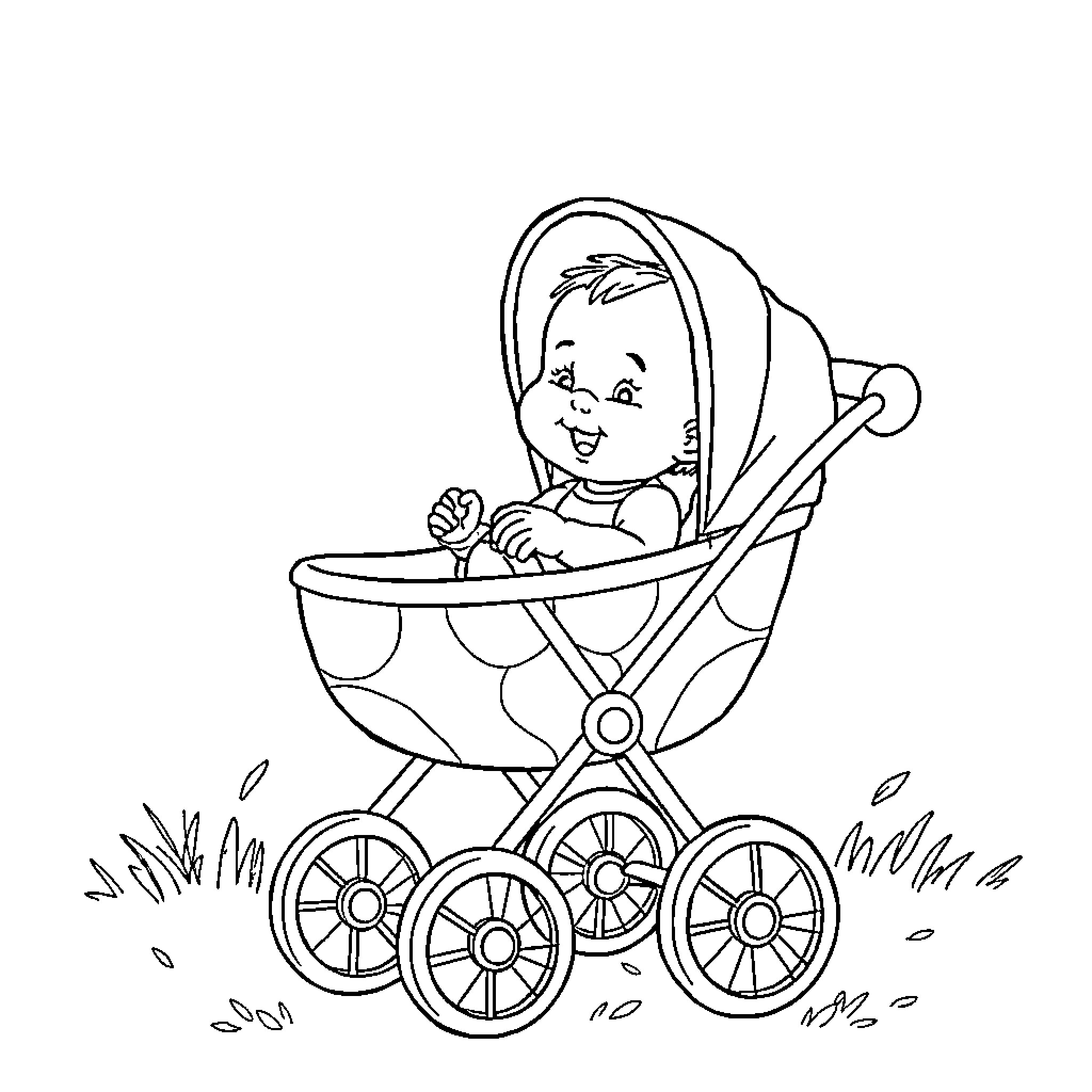 Baby in a stroller taking a joyful stroll Coloring Page (free black-and-white line drawing printable PDF for all, from beginners to advanced learners, including children, teens, adults, and seniors)
