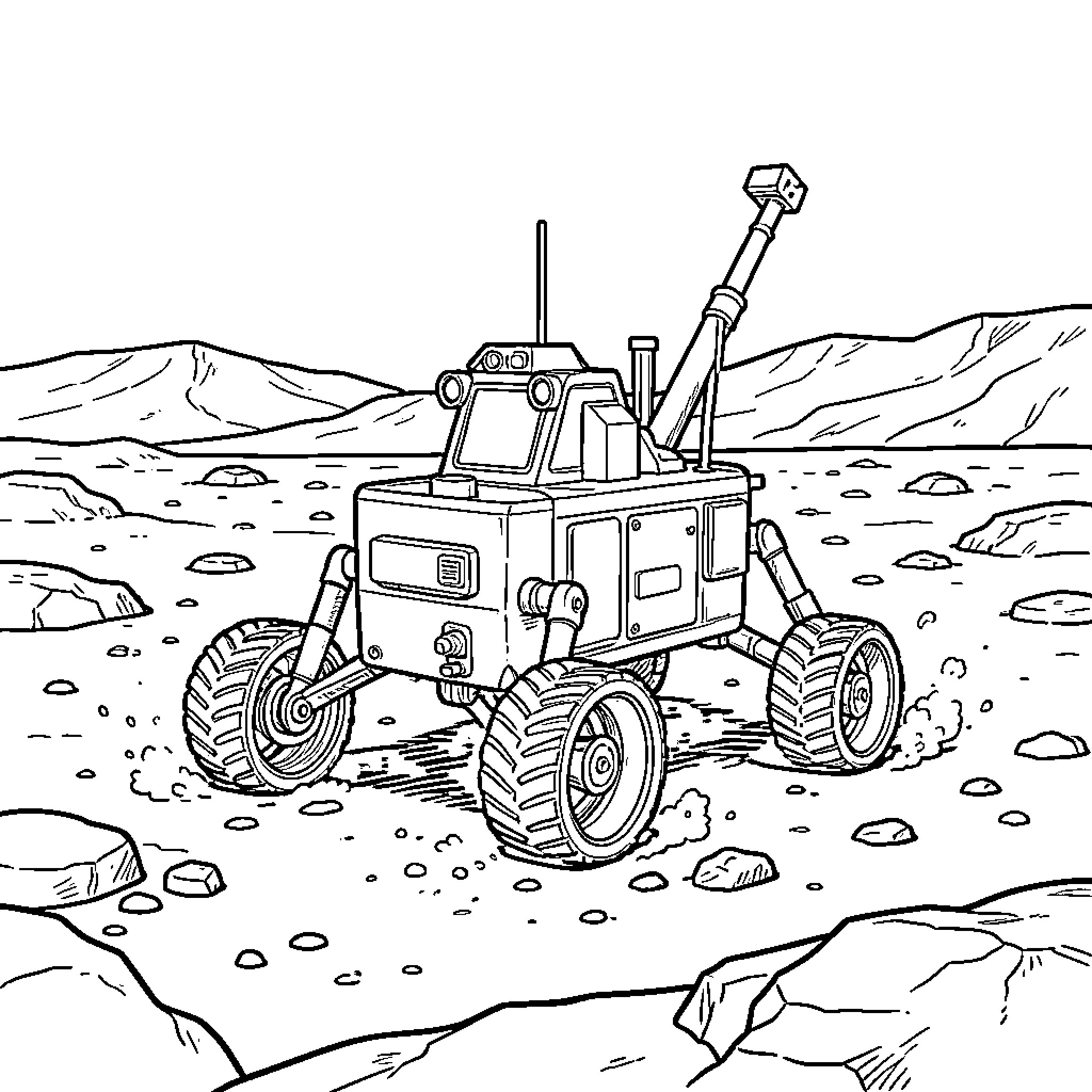 Mars Rover Exploring the Rugged Martian Landscape Coloring Page (free black-and-white line drawing printable PDF for all, from beginners to advanced learners, including children, teens, adults, and seniors)