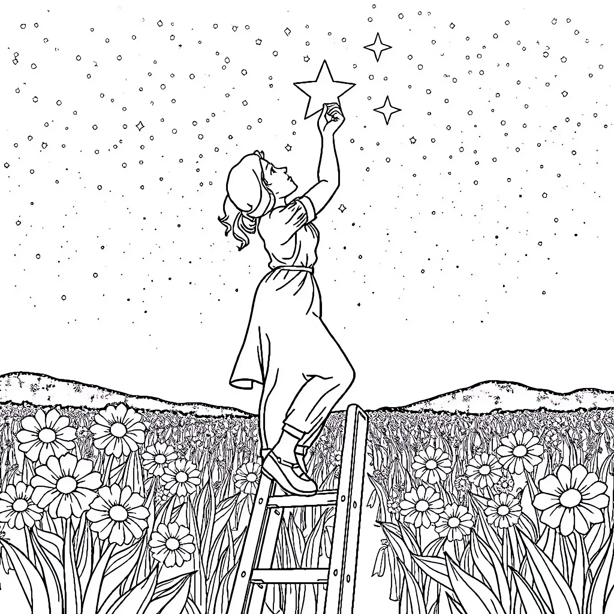 Woman reaching for the stars in a flower field Coloring Page (free black-and-white line drawing printable PDF for all, from beginners to advanced learners, including children, teens, adults, and seniors)