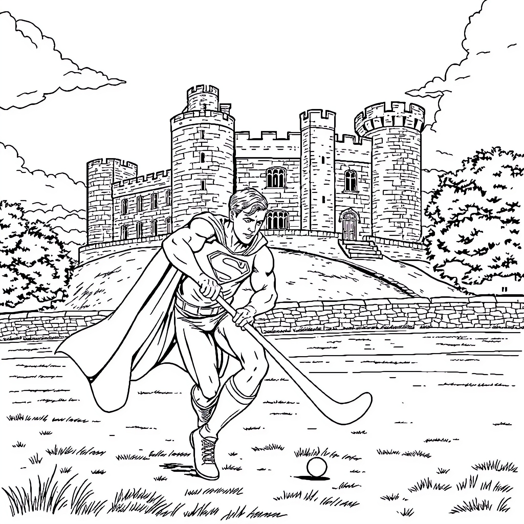 Superman heroically guarding a medieval castle Coloring Page (free black-and-white line drawing printable PDF for all, from beginners to advanced learners, including children, teens, adults, and seniors)