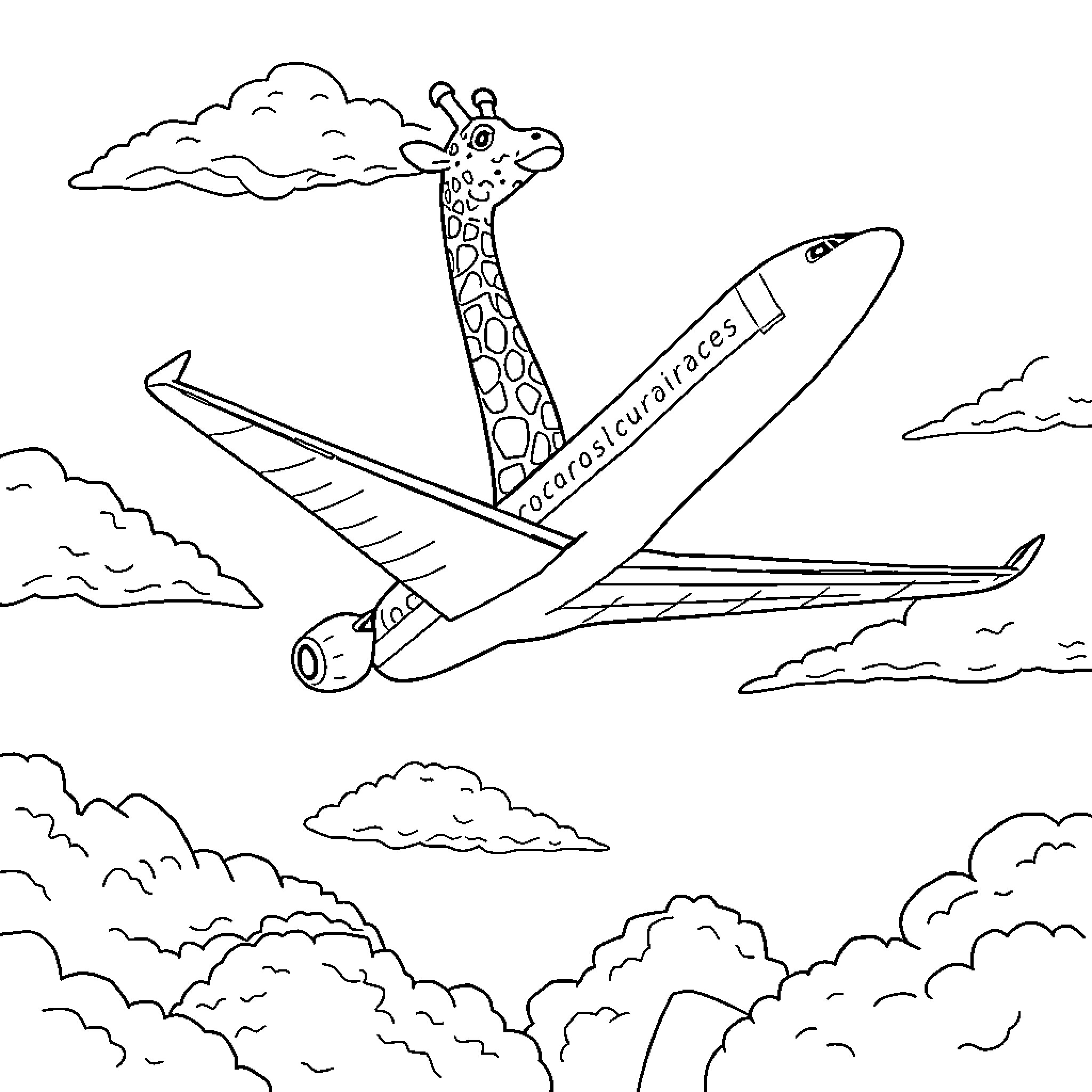 Airplane with Giraffe Co-pilot Flying Through Clouds Coloring Page (free black-and-white line drawing printable PDF for all, from beginners to advanced learners, including children, teens, adults, and seniors)