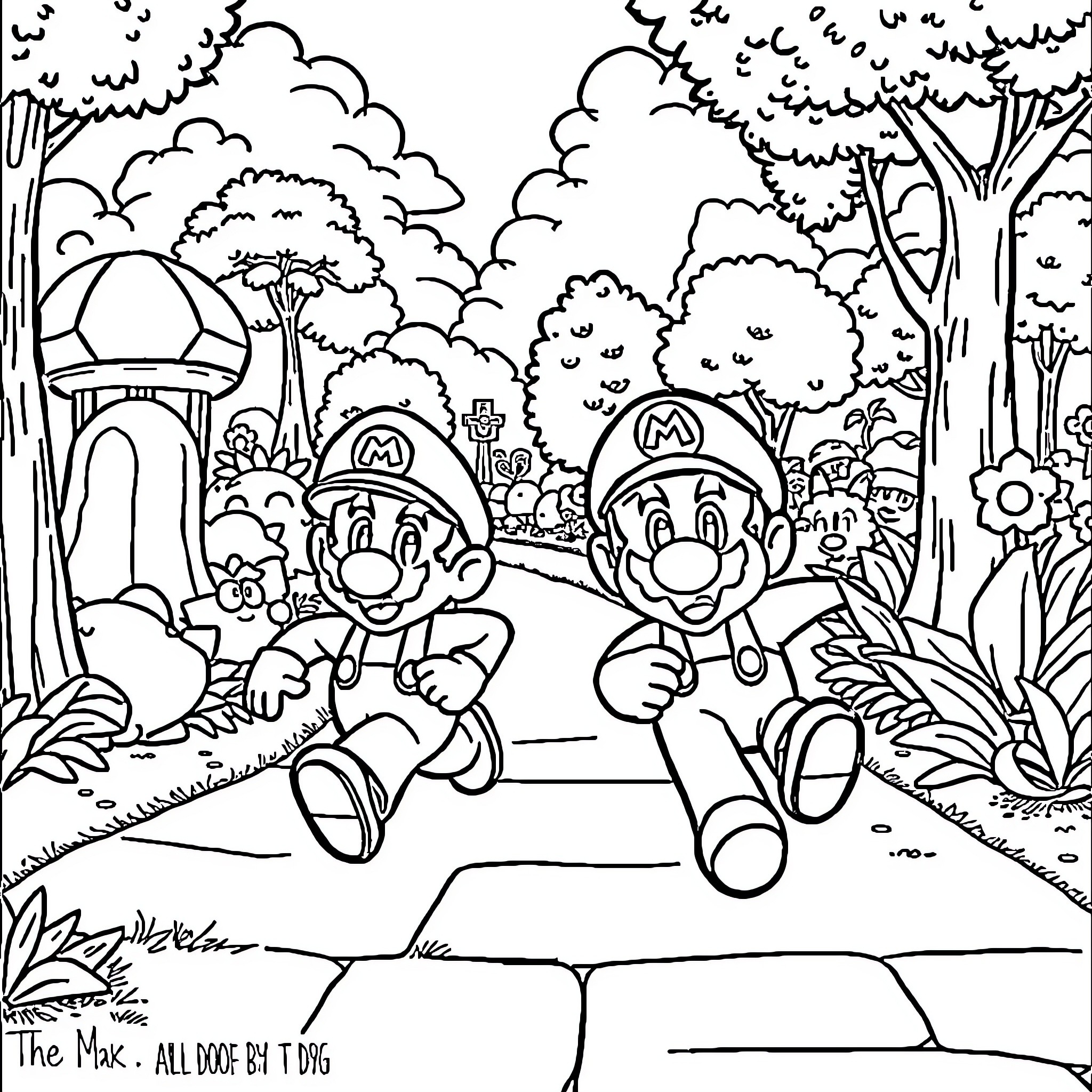 Pinocchio's Adventure in the Mushroom Forest Coloring Page (free black-and-white line drawing printable PDF for all, from beginners to advanced learners, including children, teens, adults, and seniors)