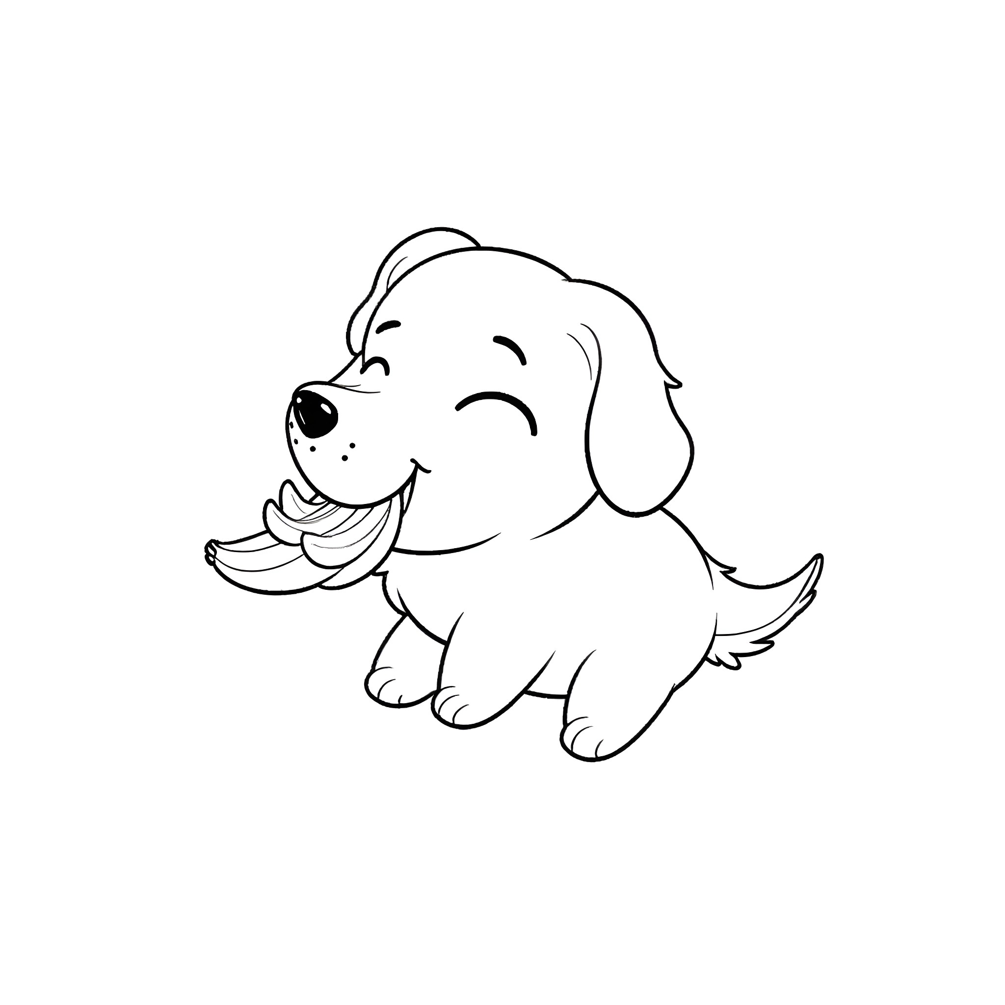 Dog happily chewing on a bone Coloring Page (free black-and-white line drawing printable PDF for all, from beginners to advanced learners, including children, teens, adults, and seniors)