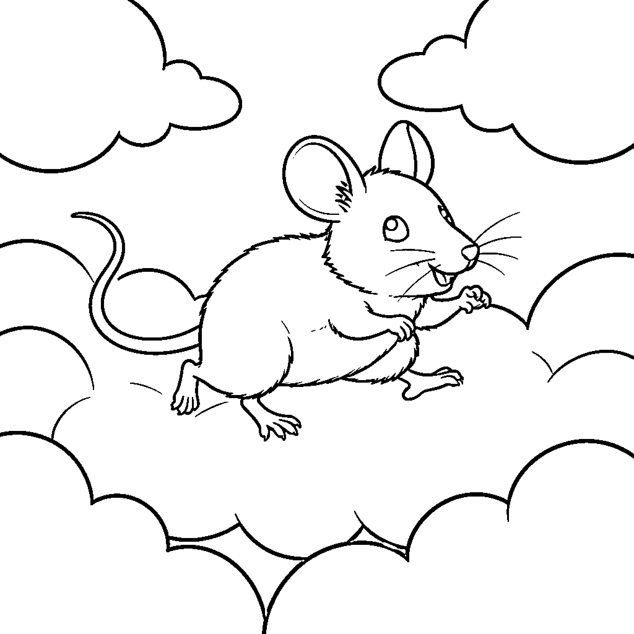 Mouse smiling joyfully while jumping through the clouds Coloring Page (free black-and-white line drawing printable PDF for all, from beginners to advanced learners, including children, teens, adults, and seniors)