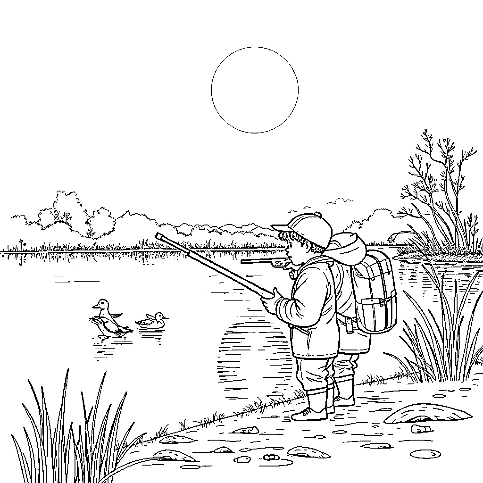 Duck fishing in a tranquil pond Coloring Page (free black-and-white line drawing printable PDF for all, from beginners to advanced learners, including children, teens, adults, and seniors)