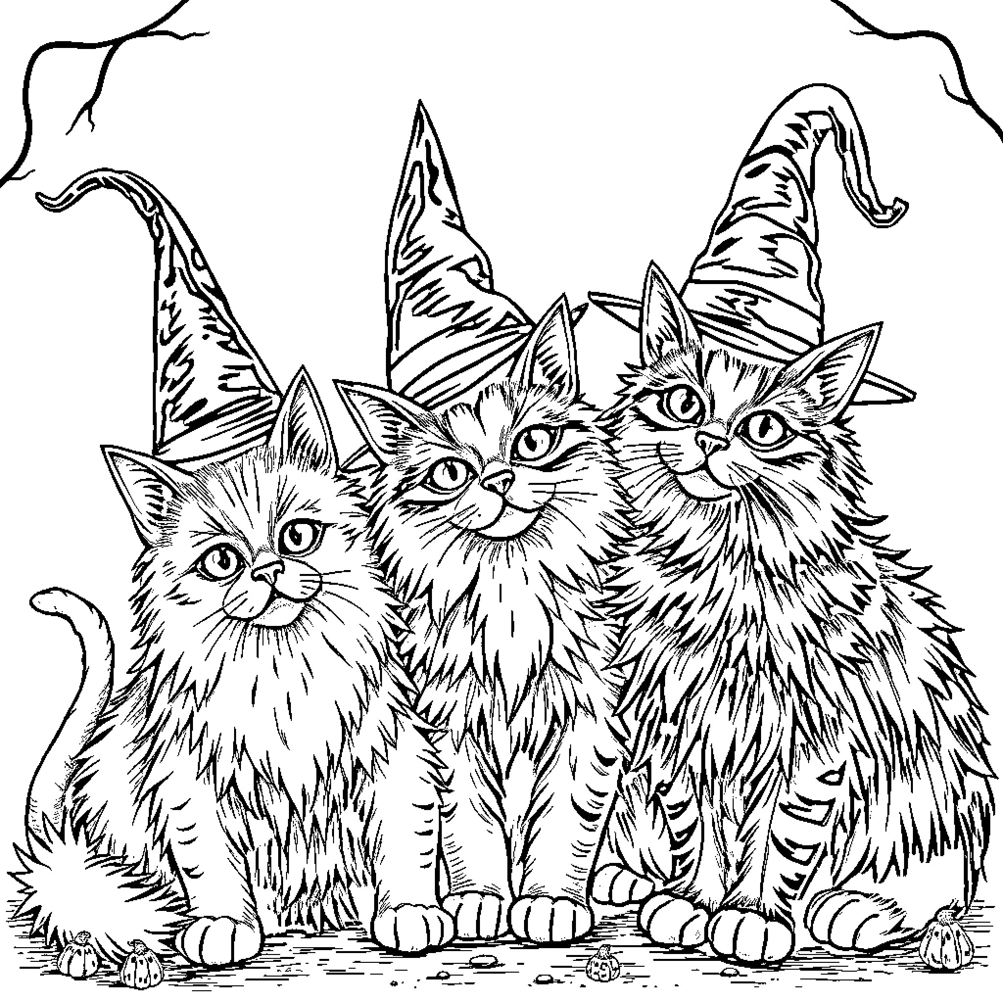 Cat trio in silly hats Coloring Page (free black-and-white line drawing printable PDF for all, from beginners to advanced learners, including children, teens, adults, and seniors)