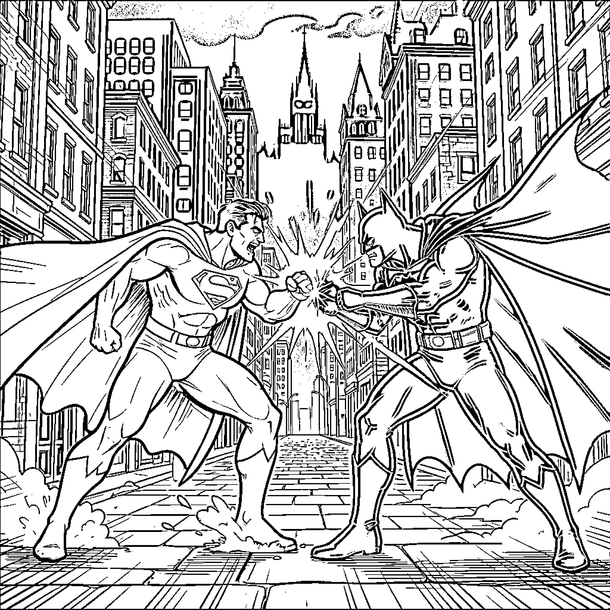 Superhero characters engaged in an intense street battle Coloring Page (free black-and-white line drawing printable PDF for all, from beginners to advanced learners, including children, teens, adults, and seniors)