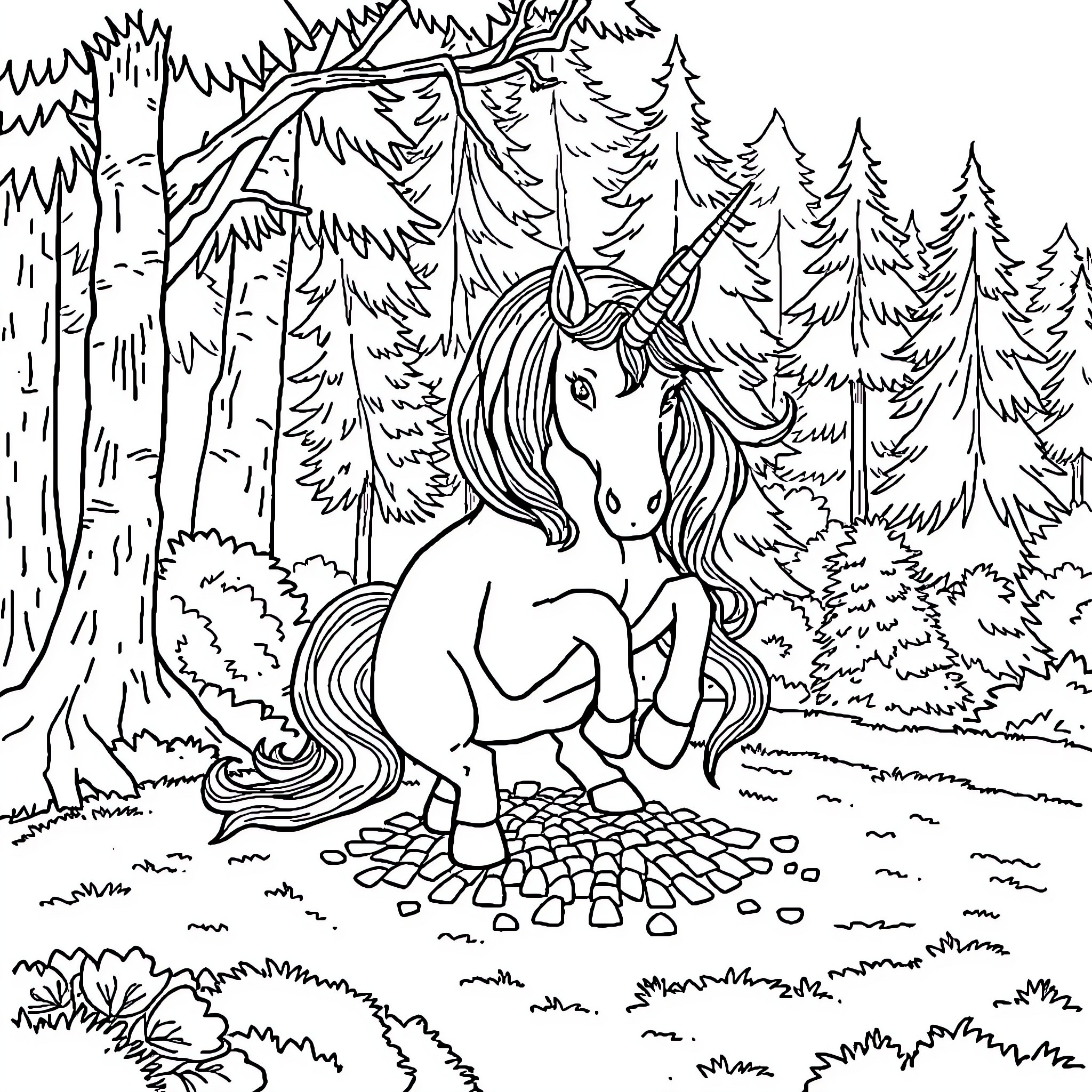Unicorn resting in the enchanted forest Coloring Page (free black-and-white line drawing printable PDF for all, from beginners to advanced learners, including children, teens, adults, and seniors)