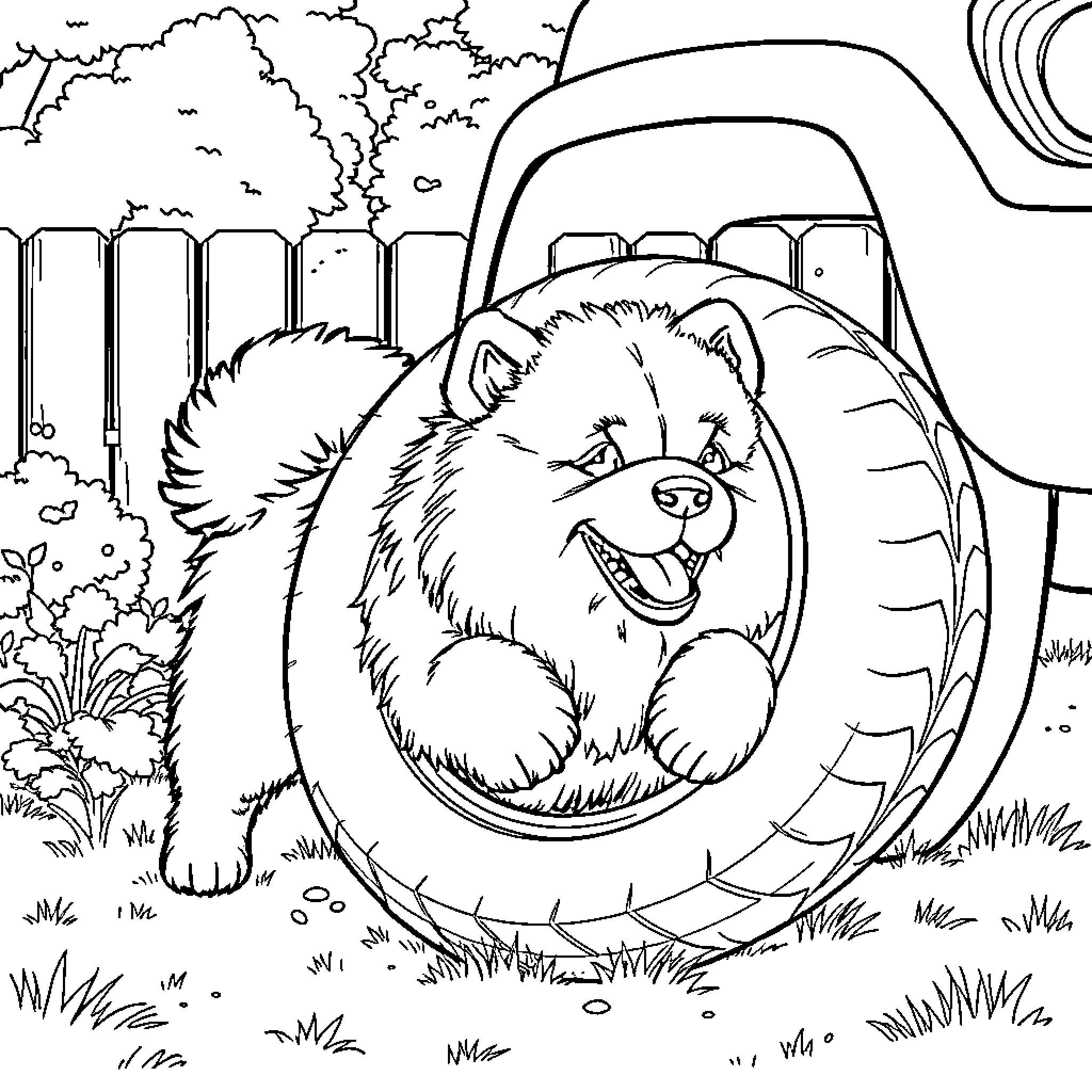 Chow Chow in Tire Swing at the Park Coloring Page (free black-and-white line drawing printable PDF for all, from beginners to advanced learners, including children, teens, adults, and seniors)