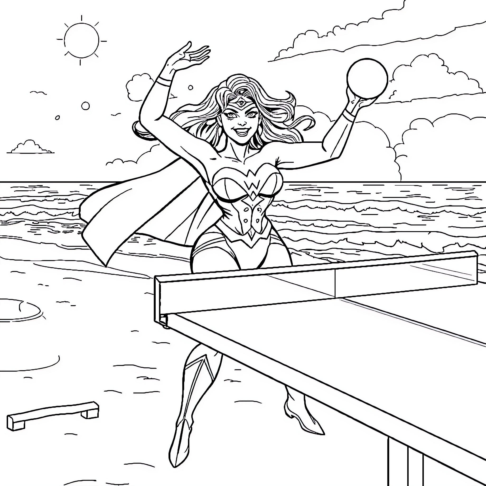 Superwoman heroically poses on a dock by the sea Coloring Page (free black-and-white line drawing printable PDF for all, from beginners to advanced learners, including children, teens, adults, and seniors)