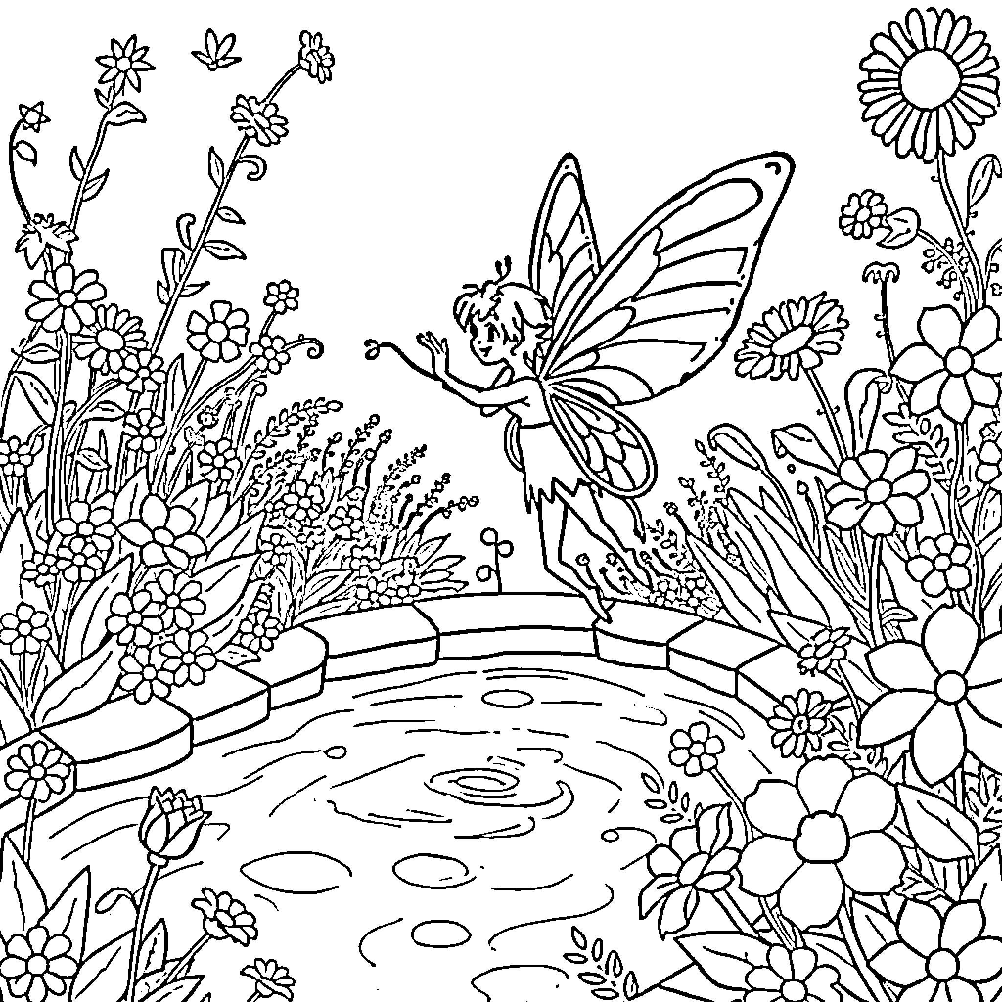 Fairy in a Whimsical Flower Garden Coloring Page (free black-and-white line drawing printable PDF for all, from beginners to advanced learners, including children, teens, adults, and seniors)
