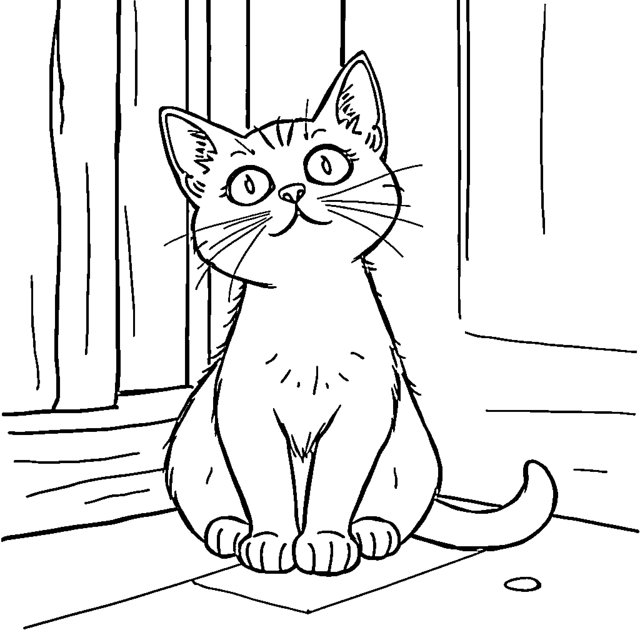 Cat sitting and observing curiously Coloring Page (free black-and-white line drawing printable PDF for all, from beginners to advanced learners, including children, teens, adults, and seniors)