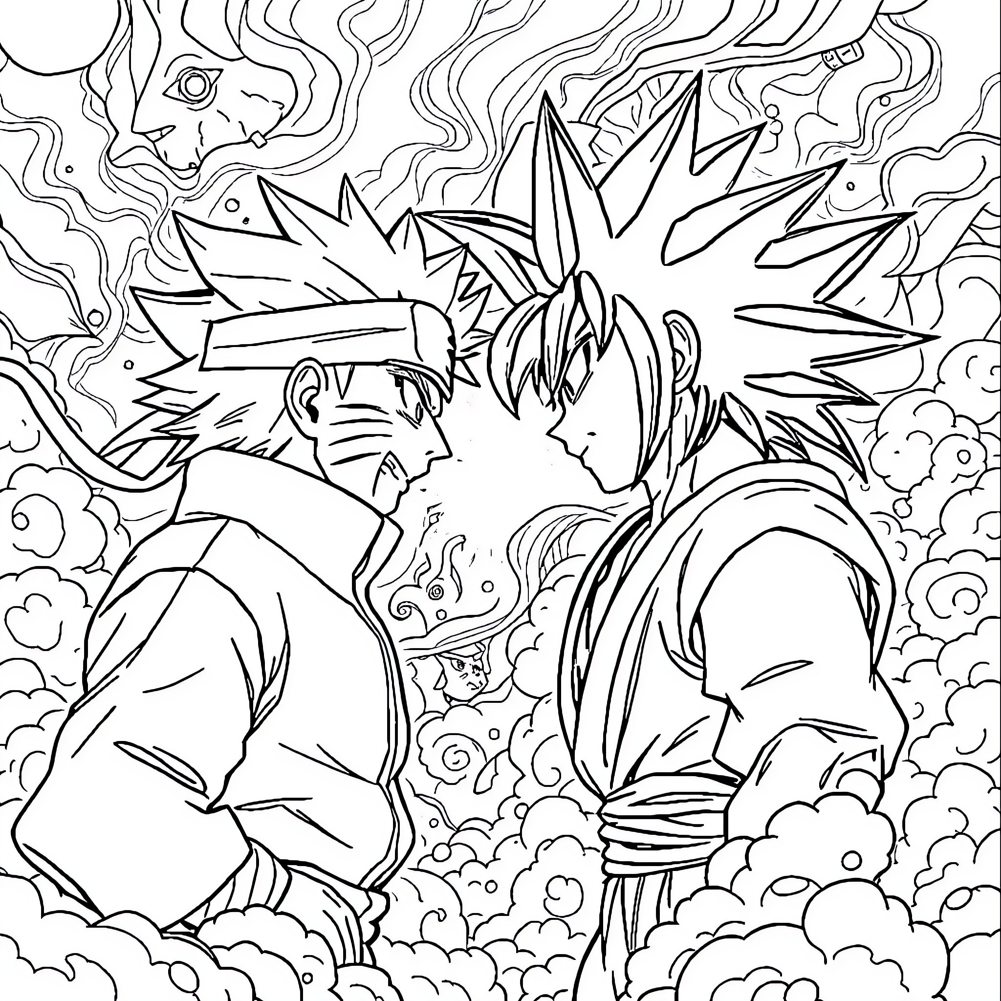 Naruto characters in an intense battle scene Coloring Page (free black-and-white line drawing printable PDF for all, from beginners to advanced learners, including children, teens, adults, and seniors)