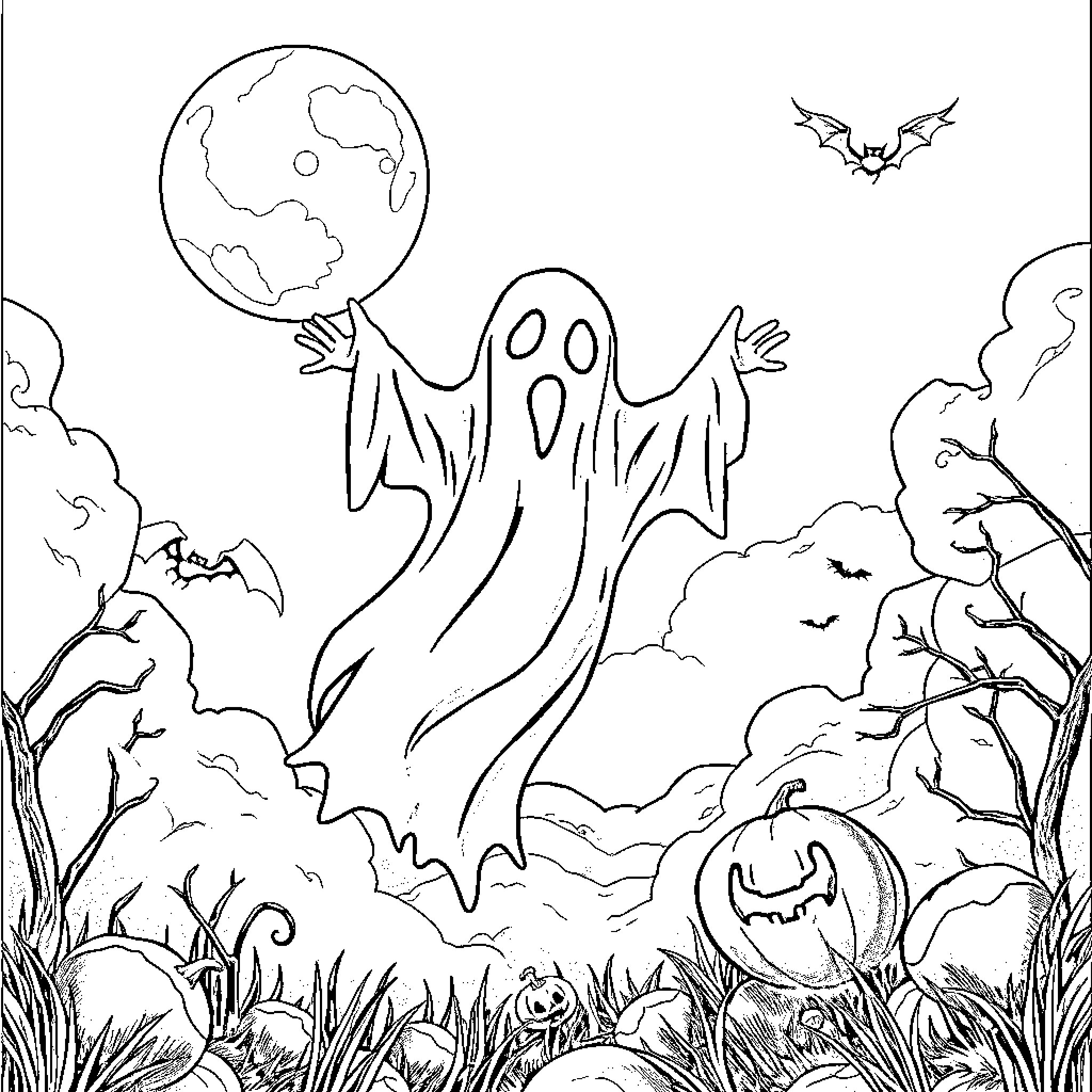 Ghost hovering in spooky Halloween scene Coloring Page (free black-and-white line drawing printable PDF for all, from beginners to advanced learners, including children, teens, adults, and seniors)