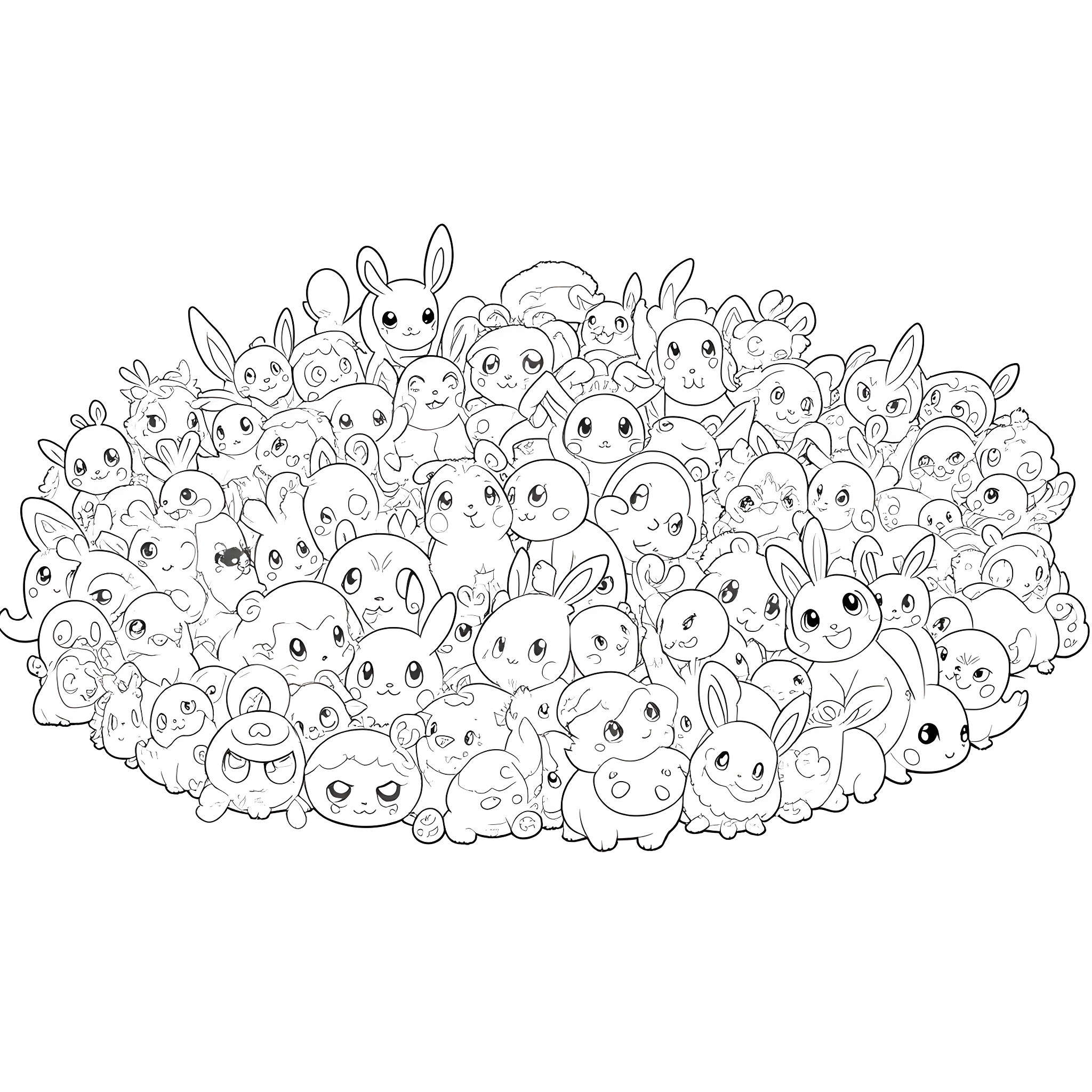 Pokémon characters in a crowded scene Coloring Page (free black-and-white line drawing printable PDF for all, from beginners to advanced learners, including children, teens, adults, and seniors)