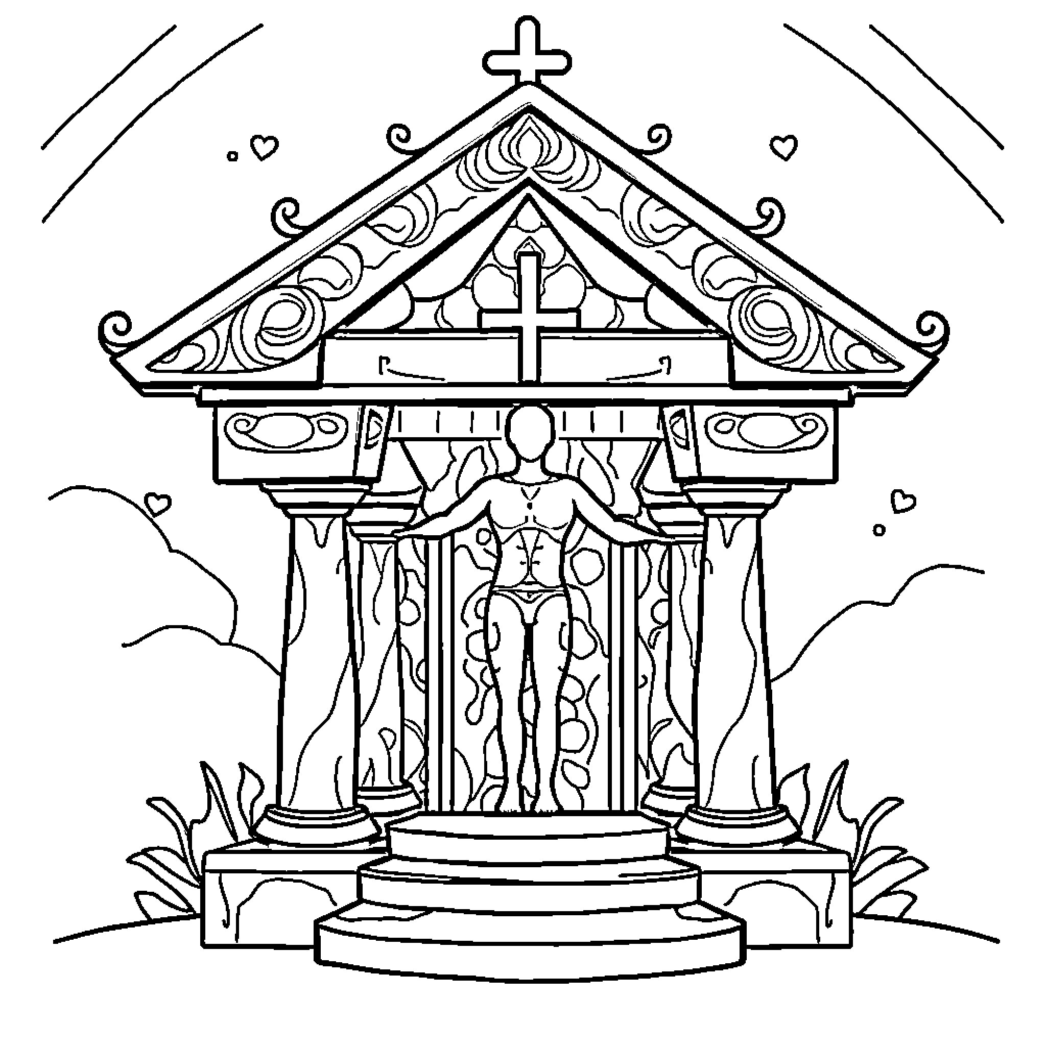 Temple with intricate architectural details Coloring Page (free black-and-white line drawing printable PDF for all, from beginners to advanced learners, including children, teens, adults, and seniors)