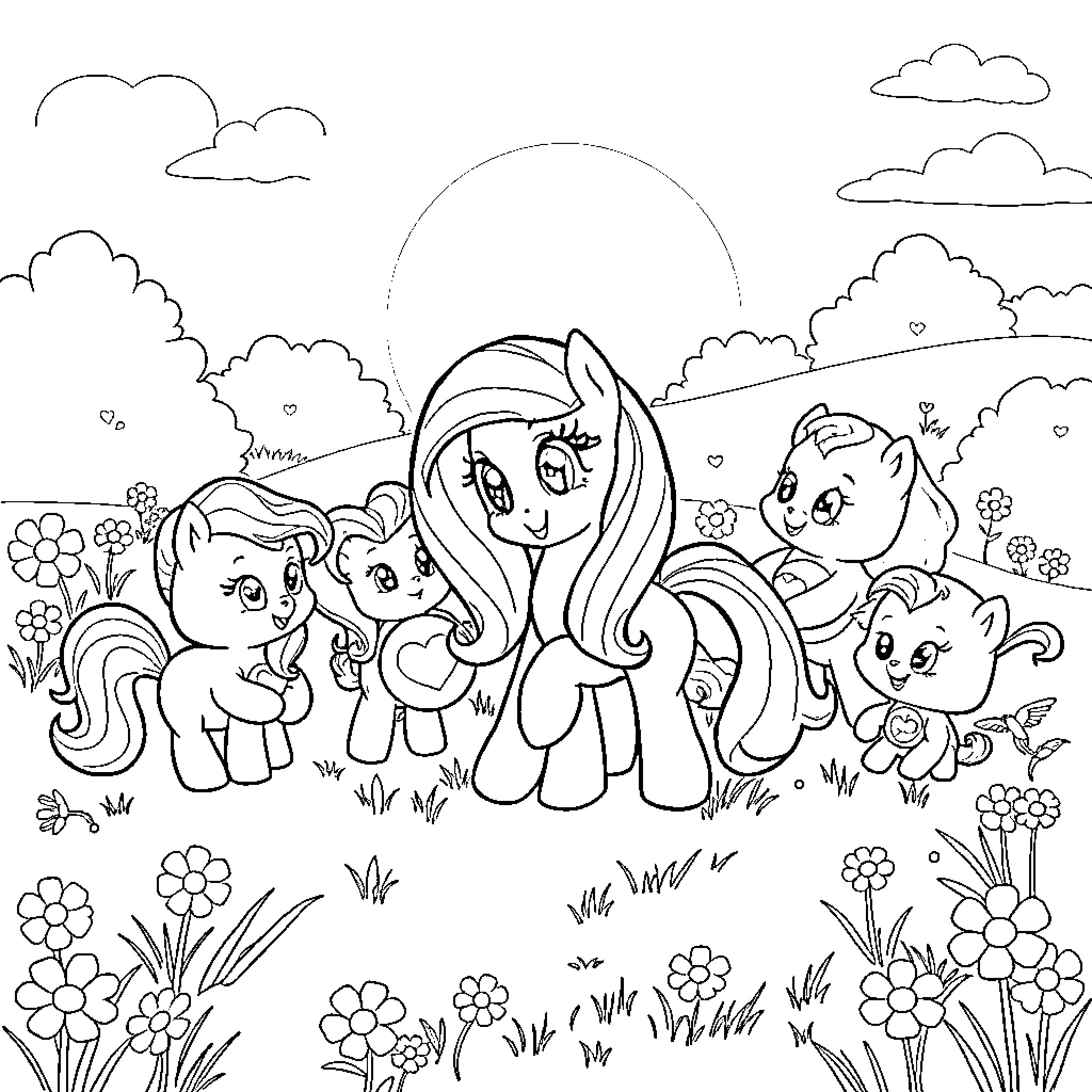 Pony friends enjoying a sunny day in the meadow Coloring Page (free black-and-white line drawing printable PDF for all, from beginners to advanced learners, including children, teens, adults, and seniors)