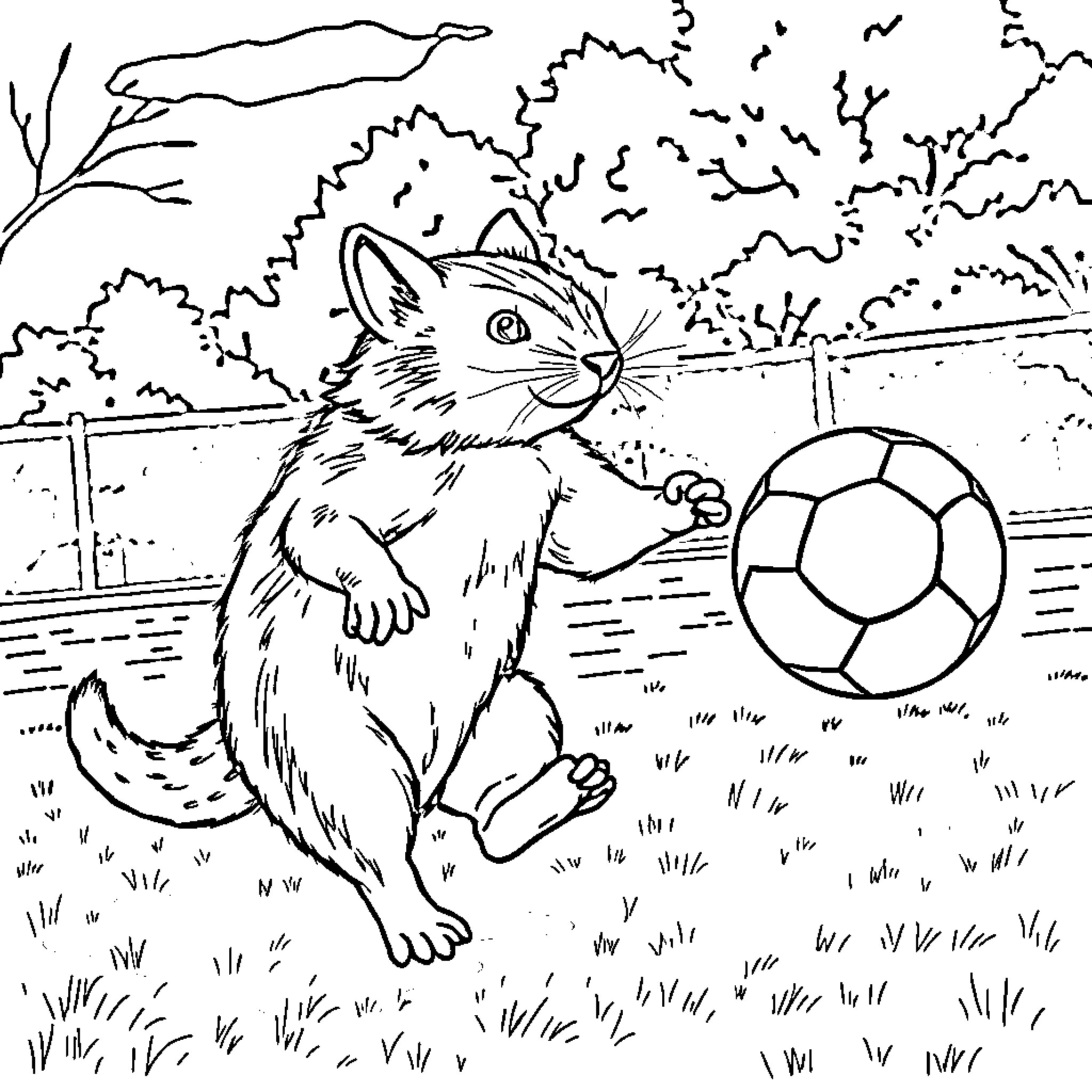 Perro jugando felizmente con una pelota en el patio Coloring Page (free black-and-white line drawing printable PDF for all, from beginners to advanced learners, including children, teens, adults, and seniors)