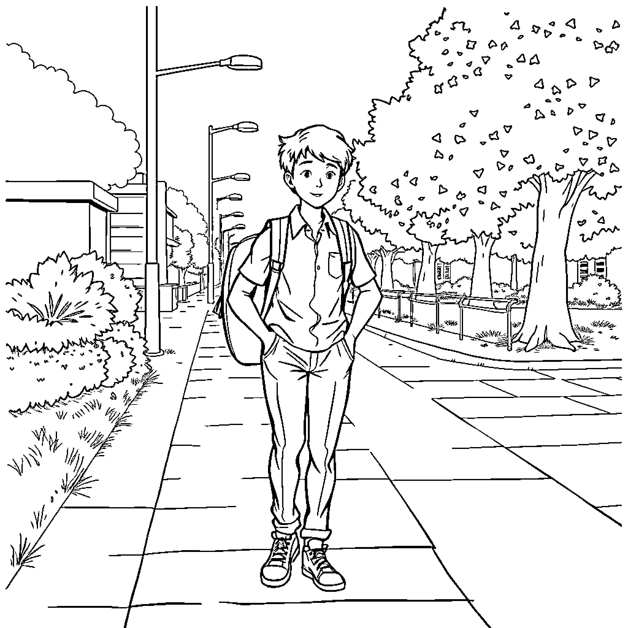 Student walking confidently on a city street Coloring Page (free black-and-white line drawing printable PDF for all, from beginners to advanced learners, including children, teens, adults, and seniors)