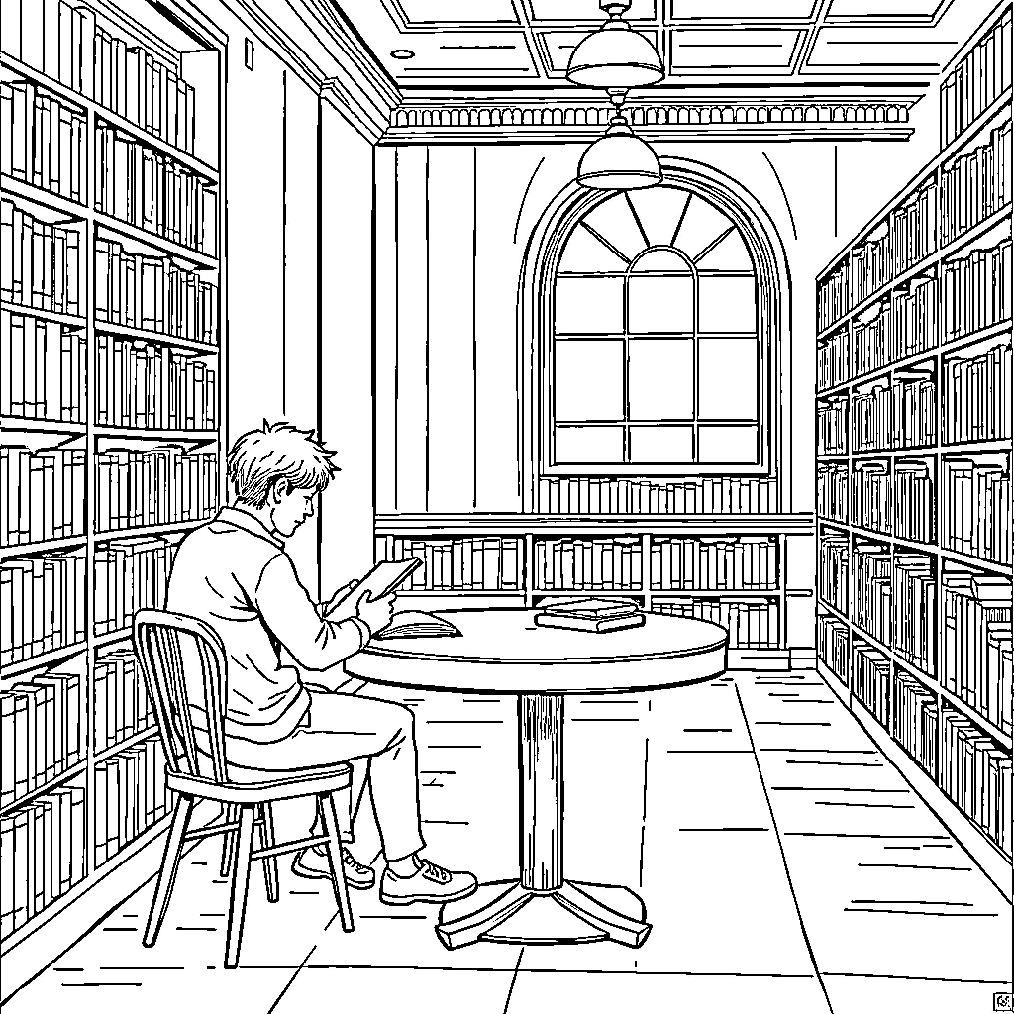 Person reading intently in a library setting Coloring Page (free black-and-white line drawing printable PDF for all, from beginners to advanced learners, including children, teens, adults, and seniors)