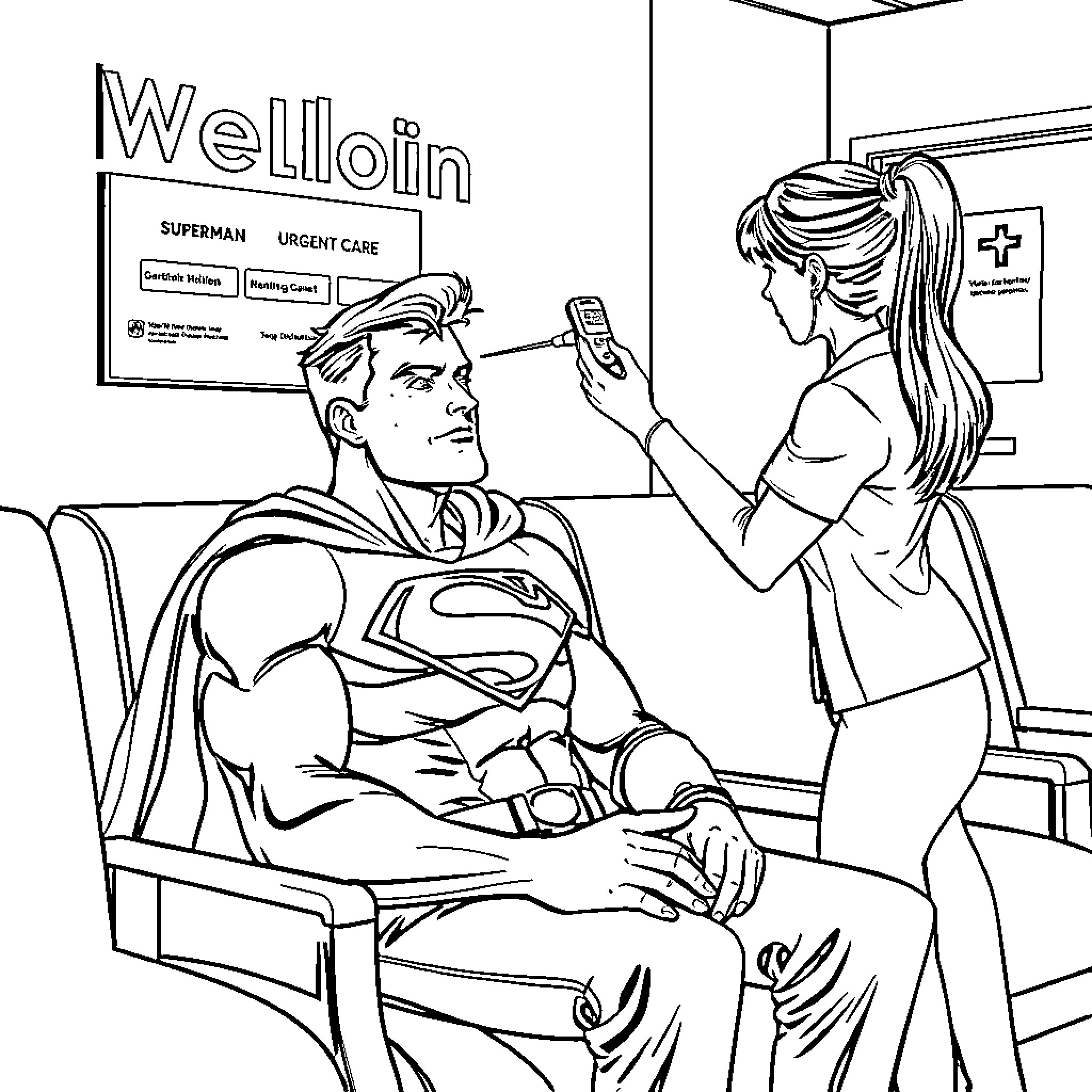 Superman receiving urgent care from a medical professional Coloring Page (free black-and-white line drawing printable PDF for all, from beginners to advanced learners, including children, teens, adults, and seniors)