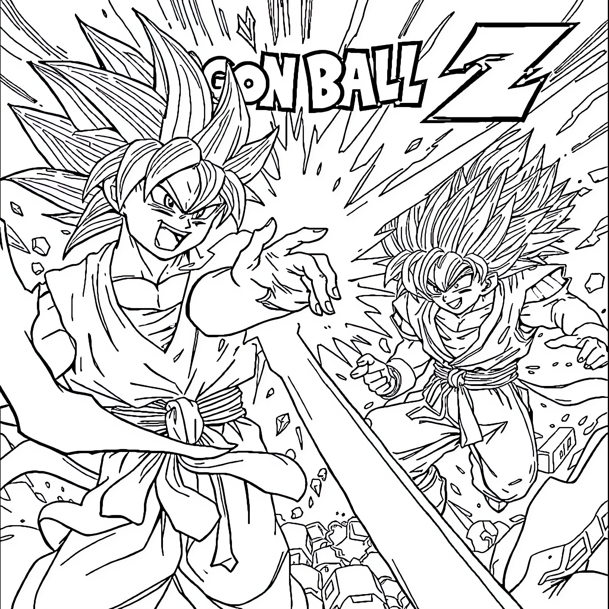 Dragon Ball Z Characters Engaged in Fierce Battle Coloring Page (free black-and-white line drawing printable PDF for all, from beginners to advanced learners, including children, teens, adults, and seniors)