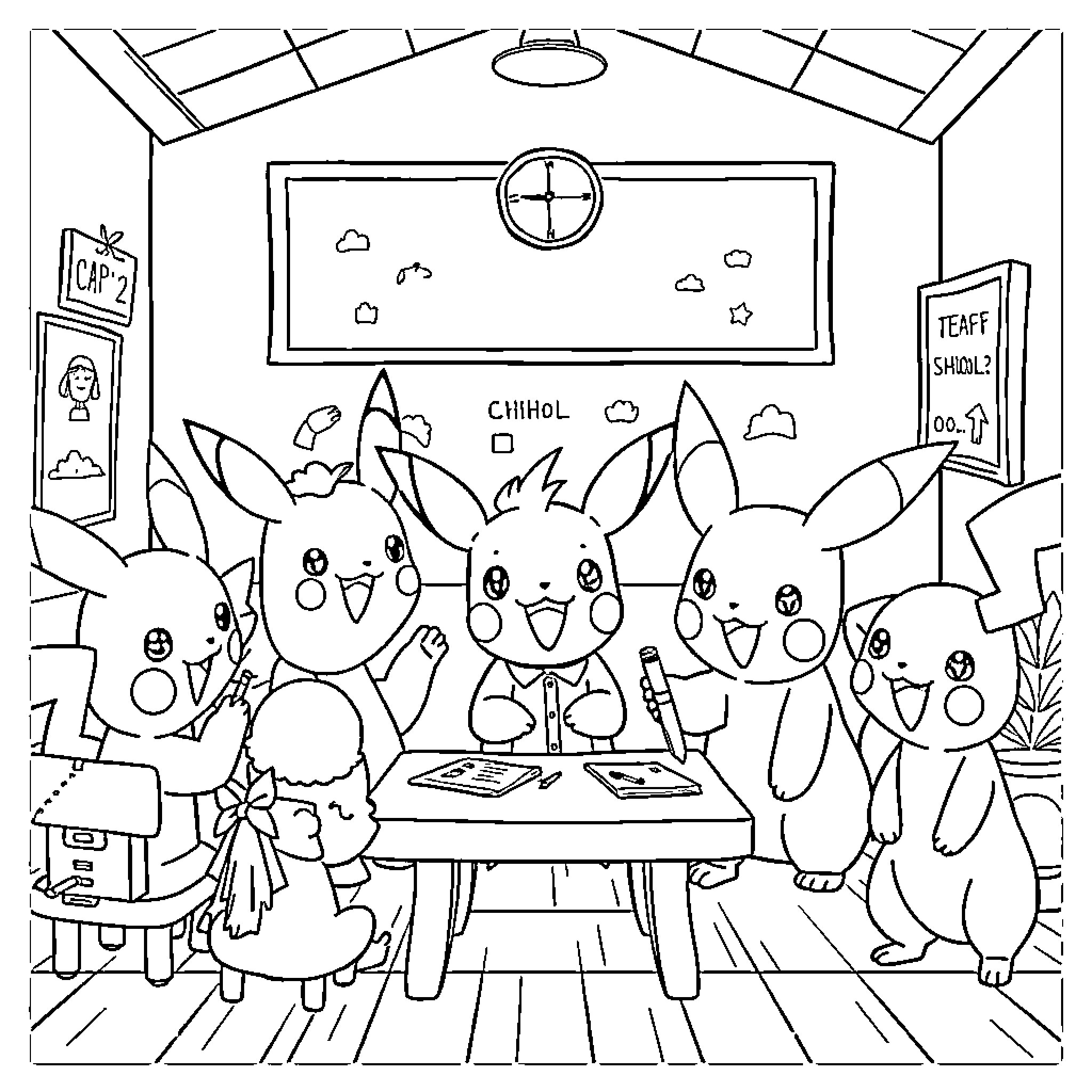 Pokémon Gathering for a Fun Activity Coloring Page (free black-and-white line drawing printable PDF for all, from beginners to advanced learners, including children, teens, adults, and seniors)