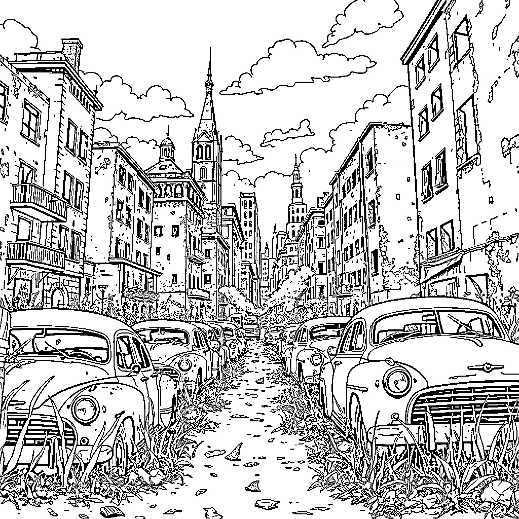 City Street Filled with Vintage Cars and Architectural Landmarks Coloring Page (free black-and-white line drawing printable PDF for all, from beginners to advanced learners, including children, teens, adults, and seniors)