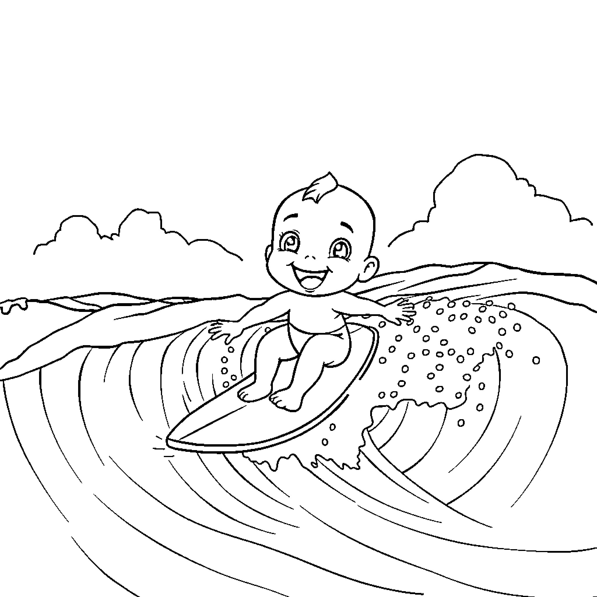 Baby Saja surfing the waves joyfully Coloring Page (free black-and-white line drawing printable PDF for all, from beginners to advanced learners, including children, teens, adults, and seniors)