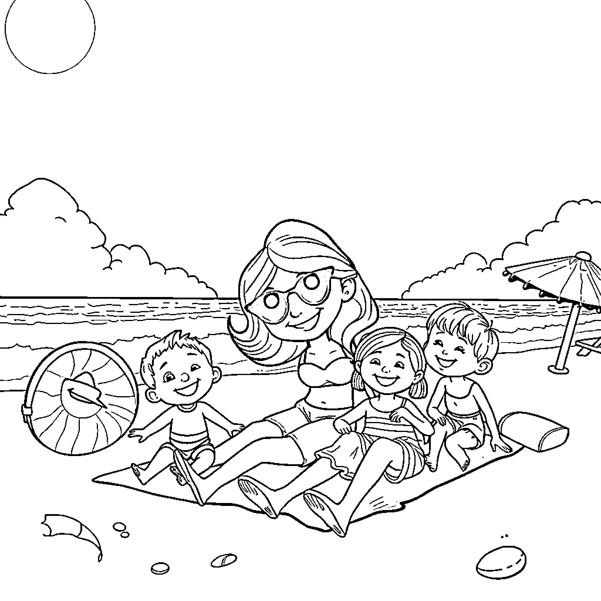 Bluey and family enjoying a day at the beach Coloring Page (free black-and-white line drawing printable PDF for all, from beginners to advanced learners, including children, teens, adults, and seniors)
