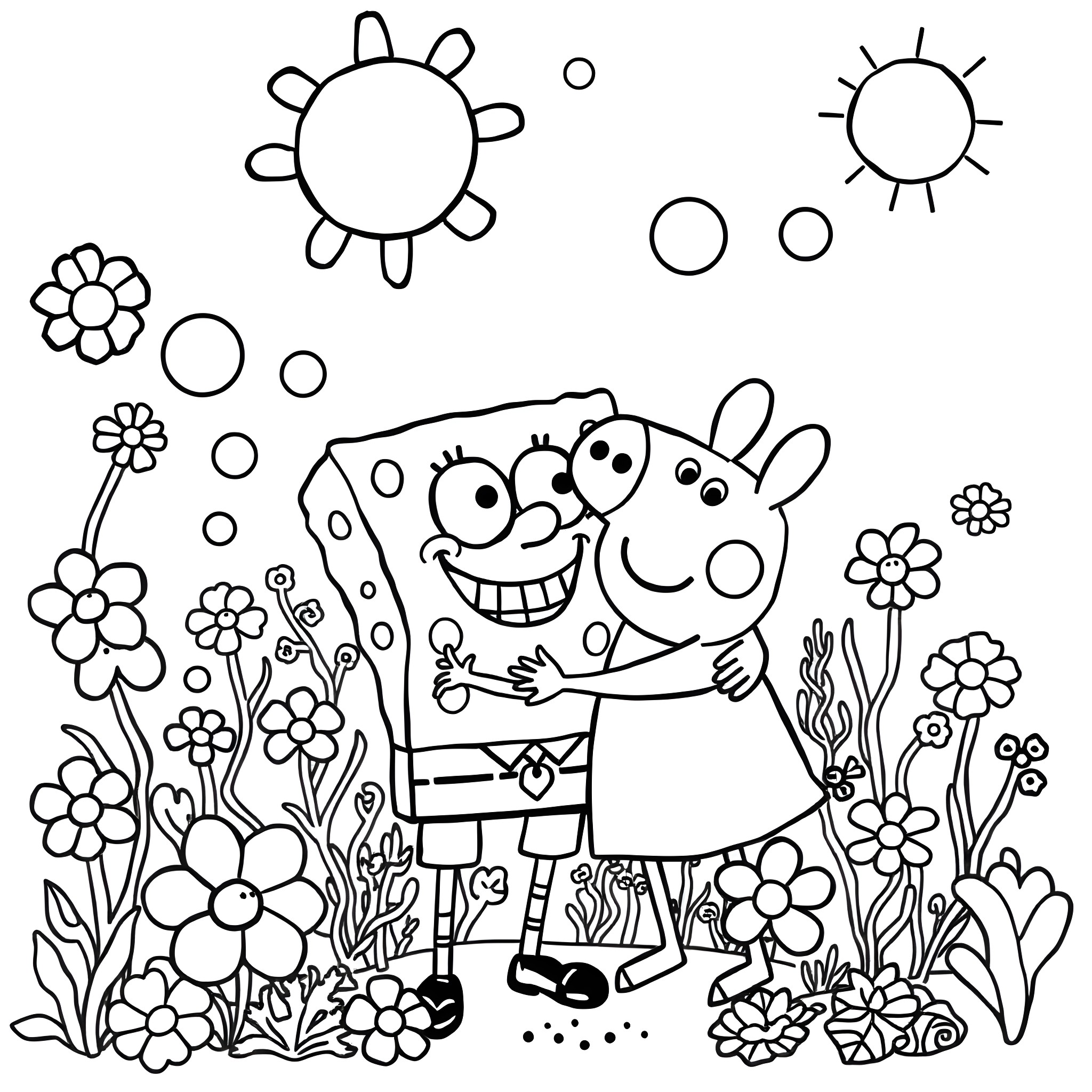 Spongebob enjoying nature with flowers and sun Coloring Page (free black-and-white line drawing printable PDF for all, from beginners to advanced learners, including children, teens, adults, and seniors)