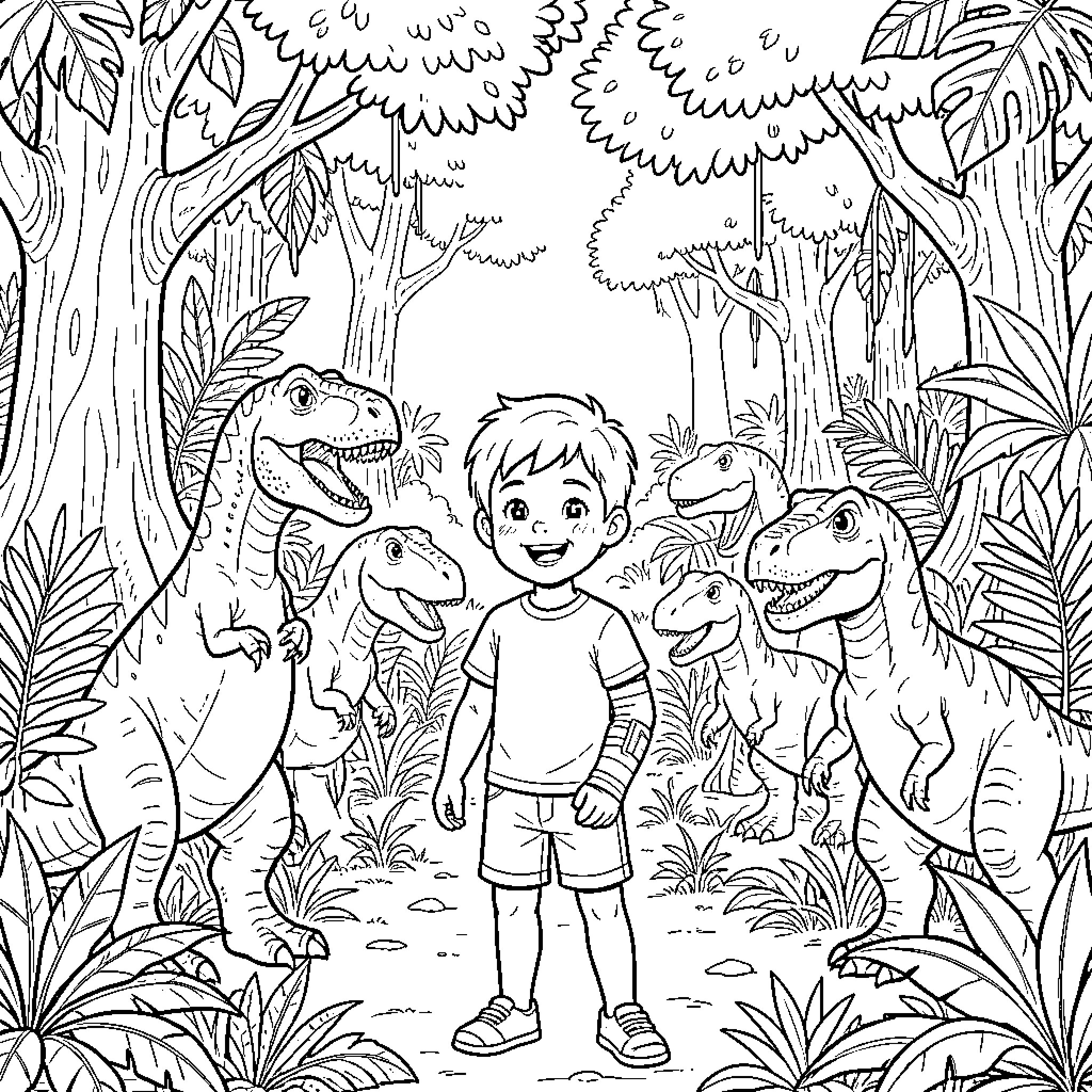 Boy smiling while surrounded by dinosaurs in a jungle Coloring Page (free black-and-white line drawing printable PDF for all, from beginners to advanced learners, including children, teens, adults, and seniors)