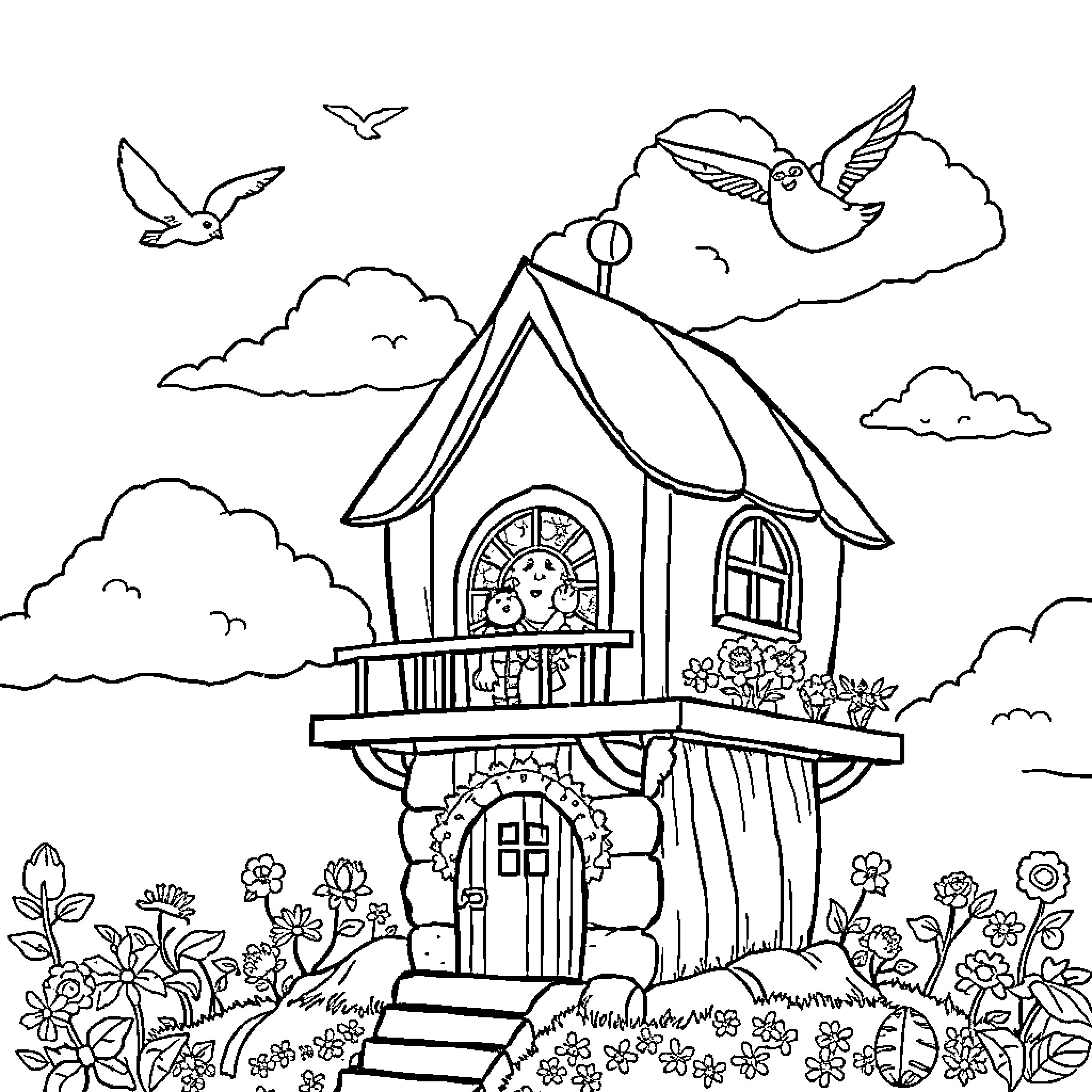 Mira's Whimsical Forest Dwelling Coloring Page (free black-and-white line drawing printable PDF for all, from beginners to advanced learners, including children, teens, adults, and seniors)
