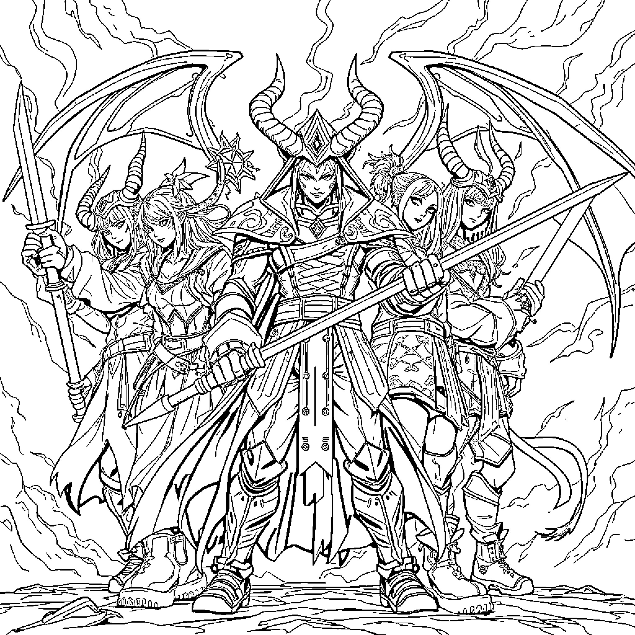 Demon Hunter leading a team of warriors in battle Coloring Page (free black-and-white line drawing printable PDF for all, from beginners to advanced learners, including children, teens, adults, and seniors)