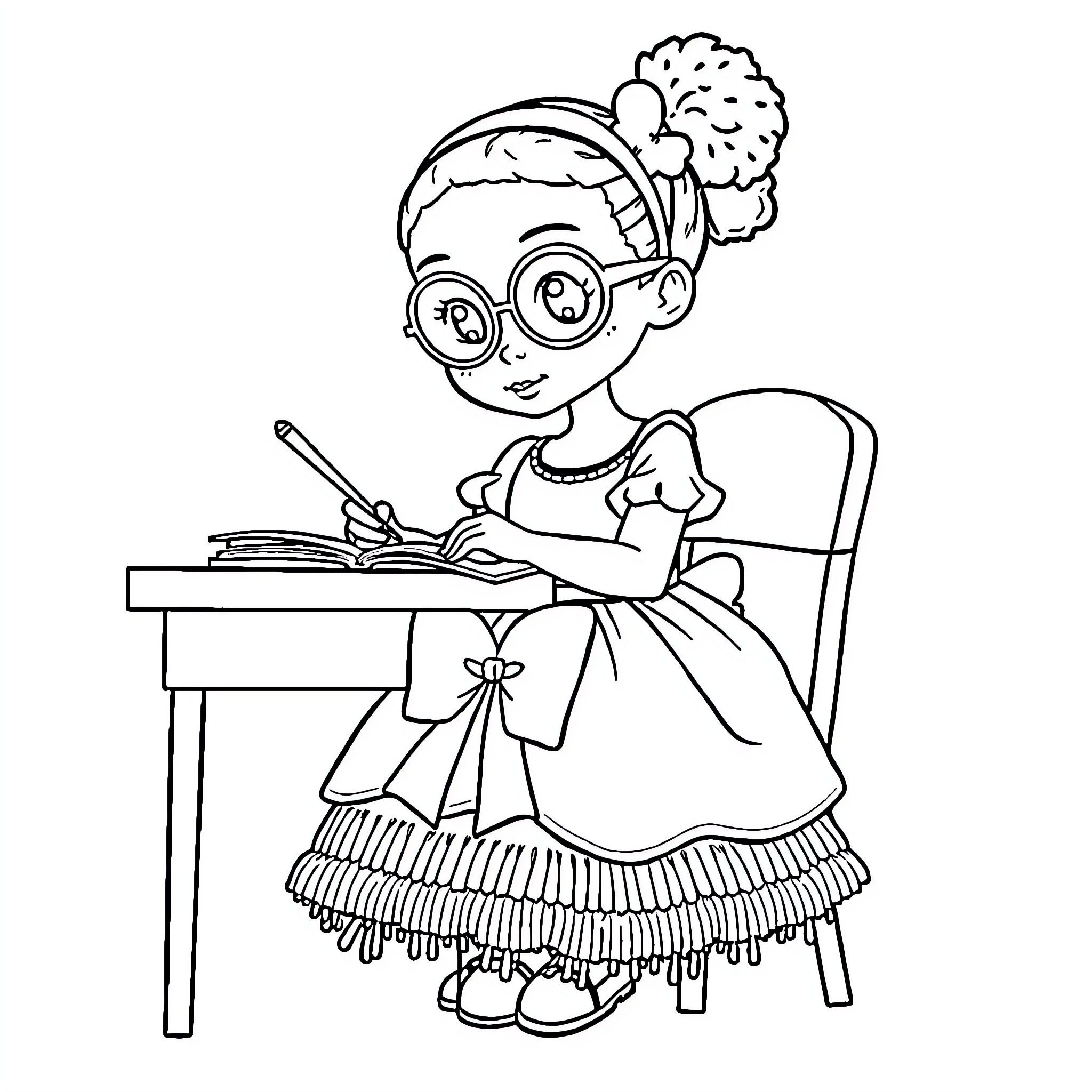 Girl studying diligently at her desk Coloring Page (free black-and-white line drawing printable PDF for all, from beginners to advanced learners, including children, teens, adults, and seniors)
