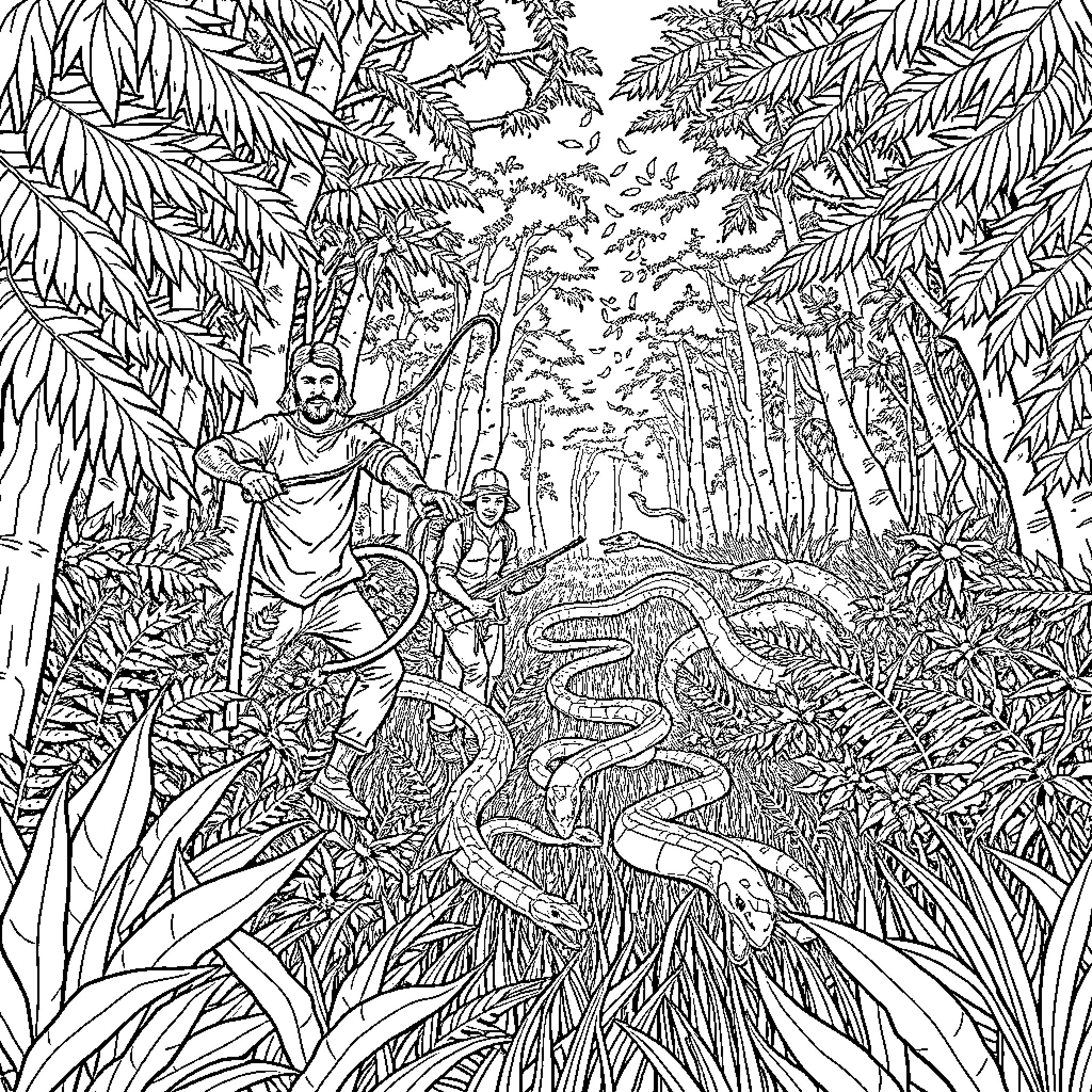 Snake warriors exploring the lush jungle Coloring Page (free black-and-white line drawing printable PDF for all, from beginners to advanced learners, including children, teens, adults, and seniors)