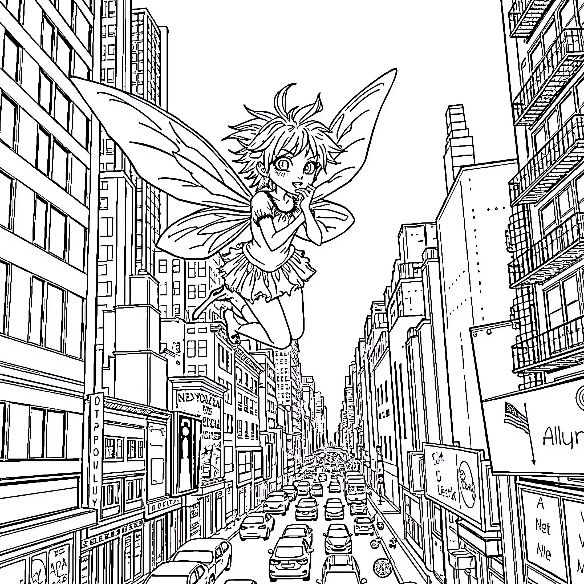 Punk Fairy Soaring Through the Cityscape Coloring Page (free black-and-white line drawing printable PDF for all, from beginners to advanced learners, including children, teens, adults, and seniors)
