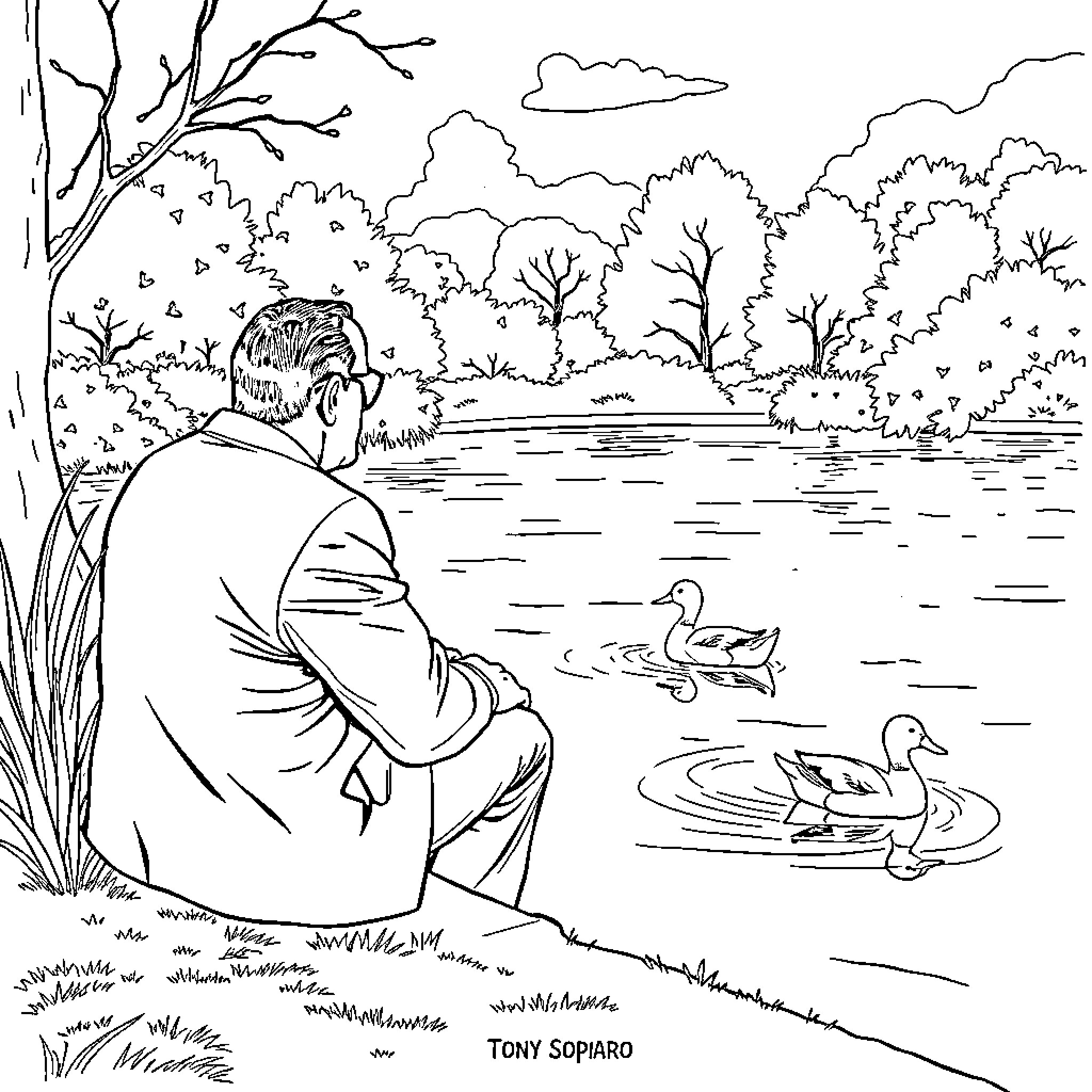 Tony Soprano contemplating nature's tranquility Coloring Page (free black-and-white line drawing printable PDF for all, from beginners to advanced learners, including children, teens, adults, and seniors)