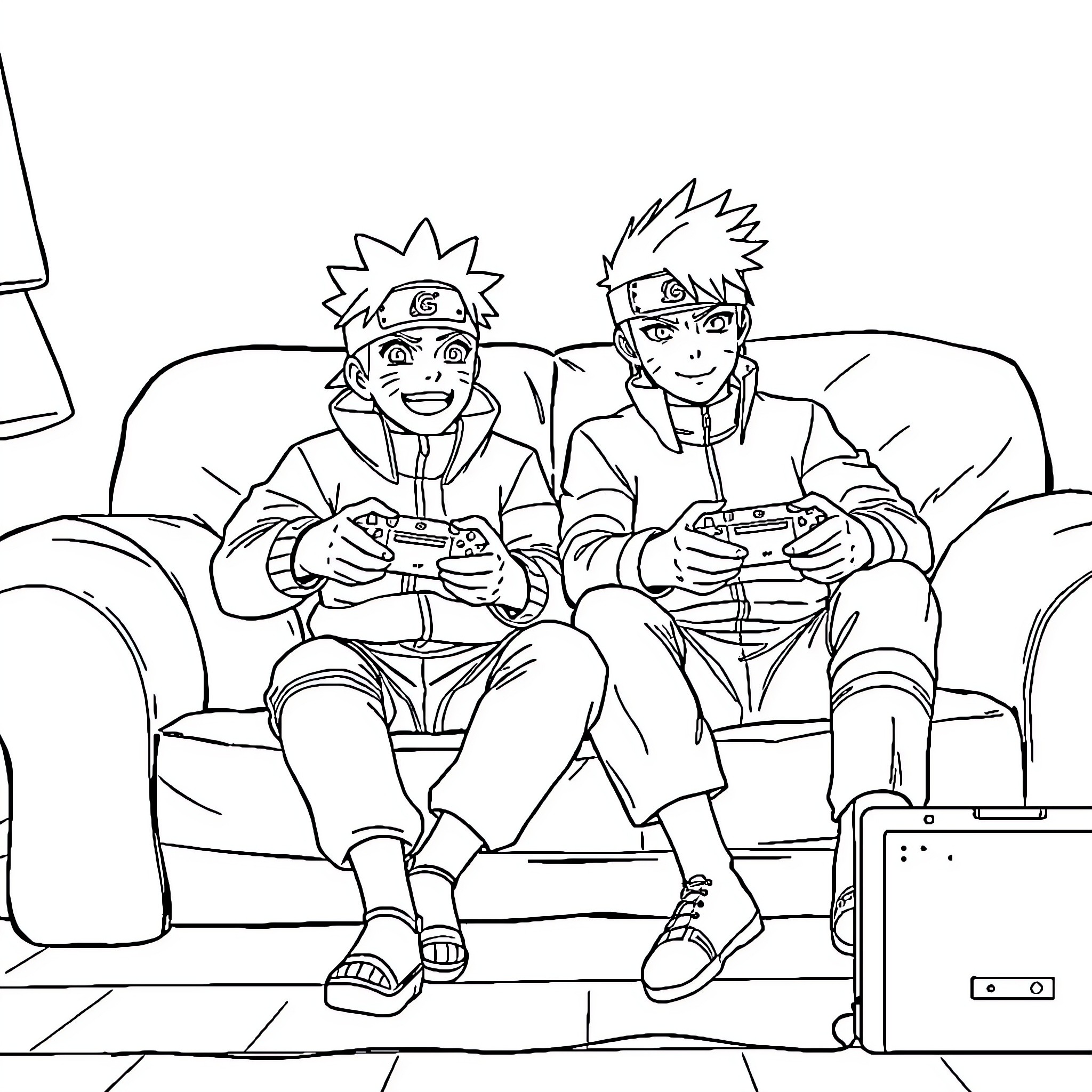 Naruto Friends Enjoying Video Game Session Coloring Page (free black-and-white line drawing printable PDF for all, from beginners to advanced learners, including children, teens, adults, and seniors)