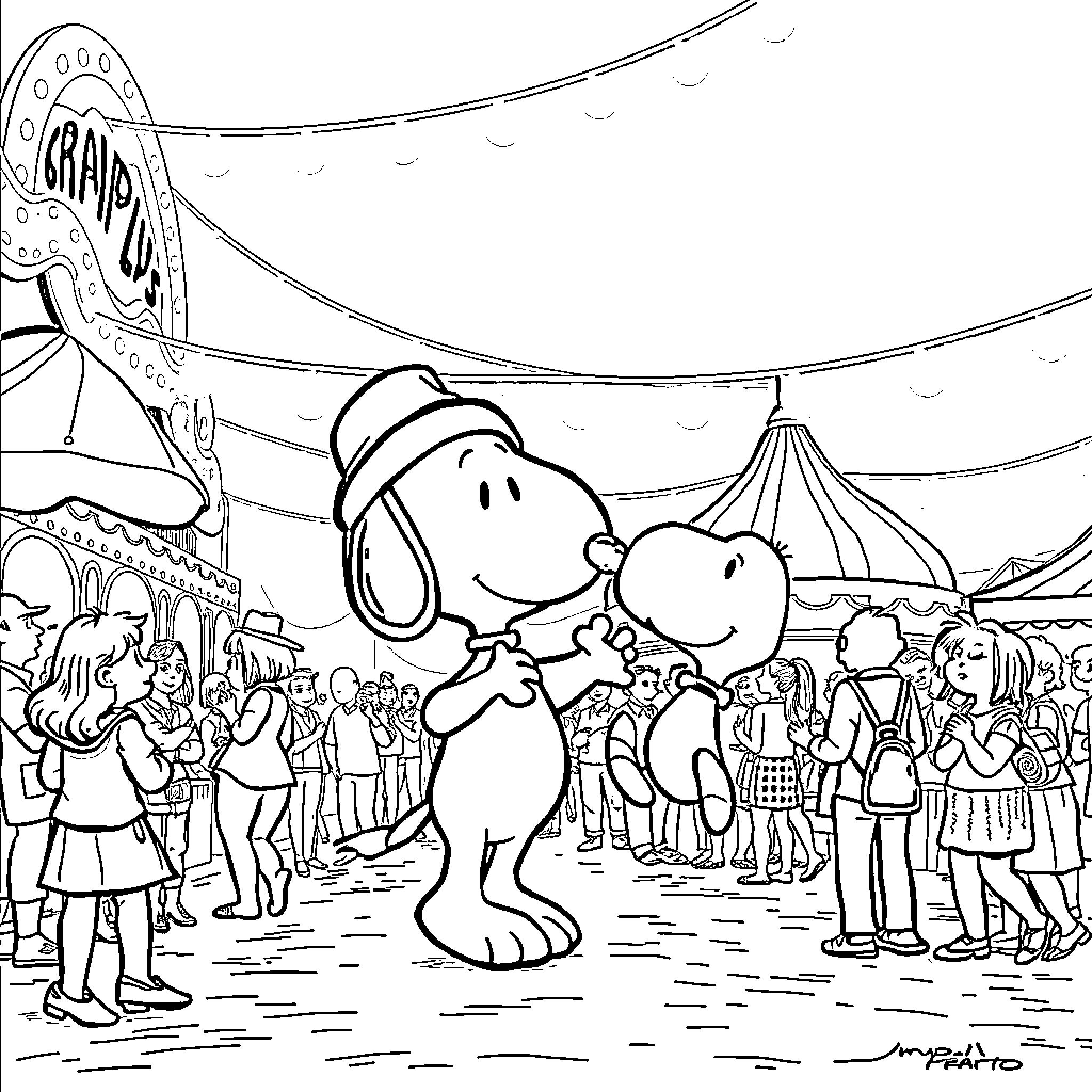 Capybara enjoys carnival festivities with friends Coloring Page (free black-and-white line drawing printable PDF for all, from beginners to advanced learners, including children, teens, adults, and seniors)