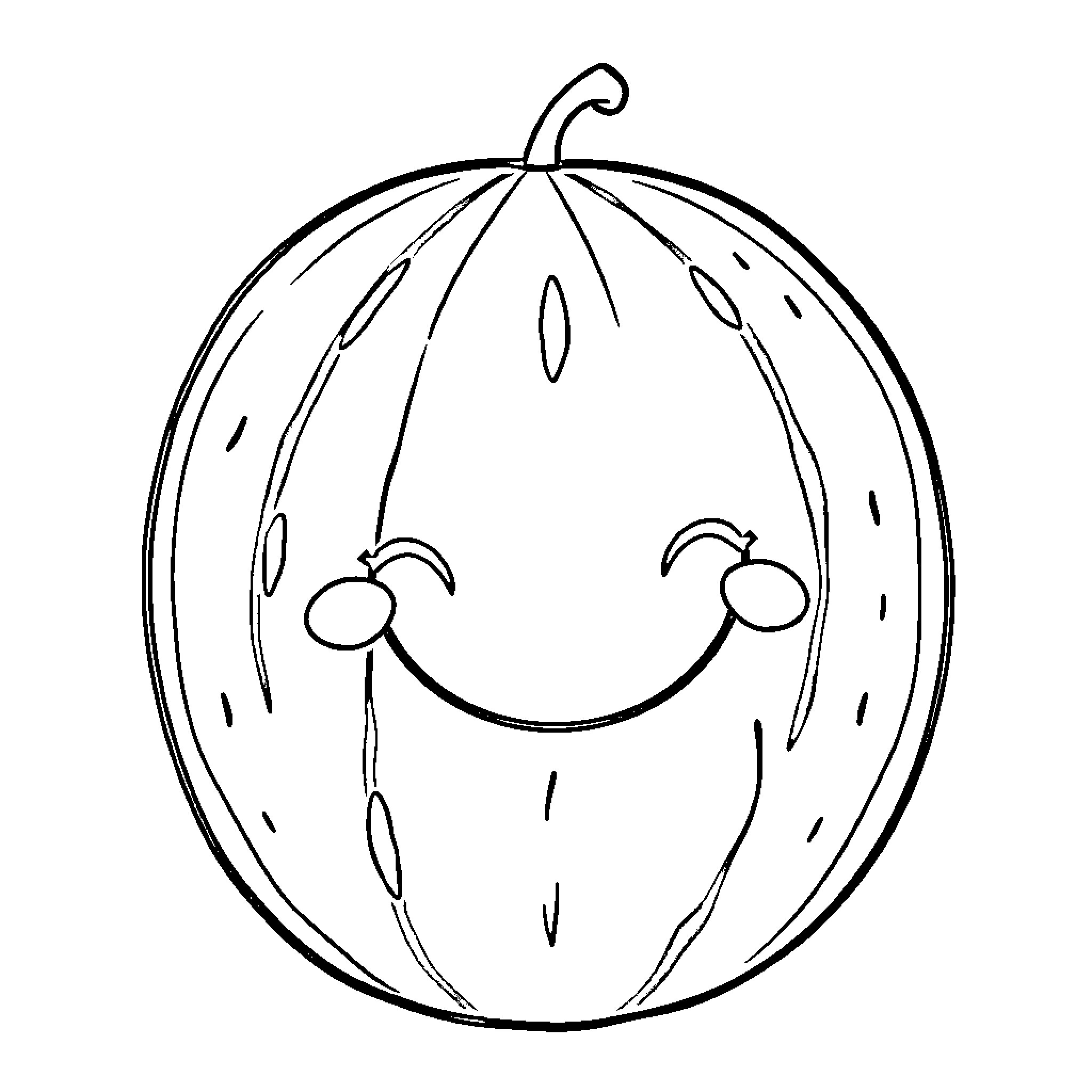 Watermelon with a cheerful expression Coloring Page (free black-and-white line drawing printable PDF for all, from beginners to advanced learners, including children, teens, adults, and seniors)