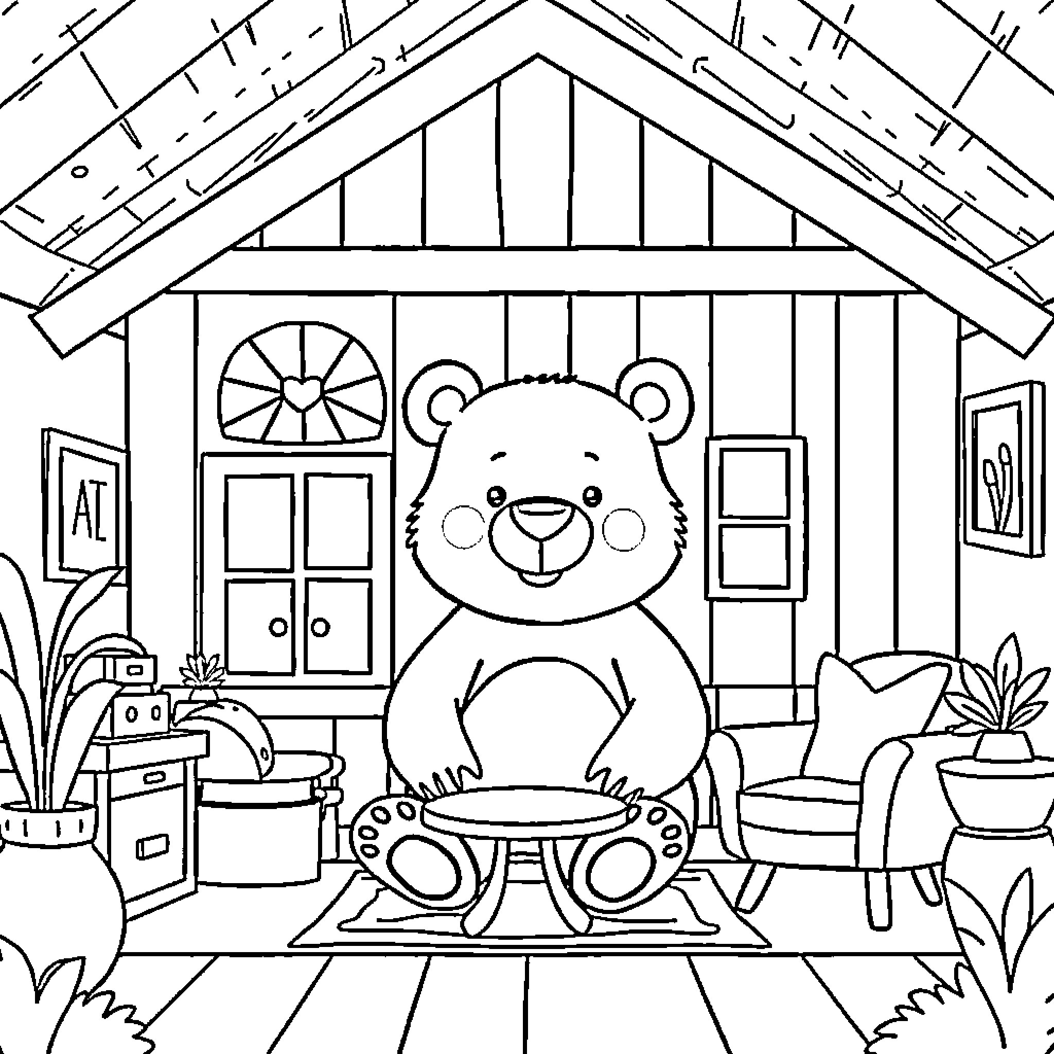 Bear enjoying cozy home in the countryside Coloring Page (free black-and-white line drawing printable PDF for all, from beginners to advanced learners, including children, teens, adults, and seniors)