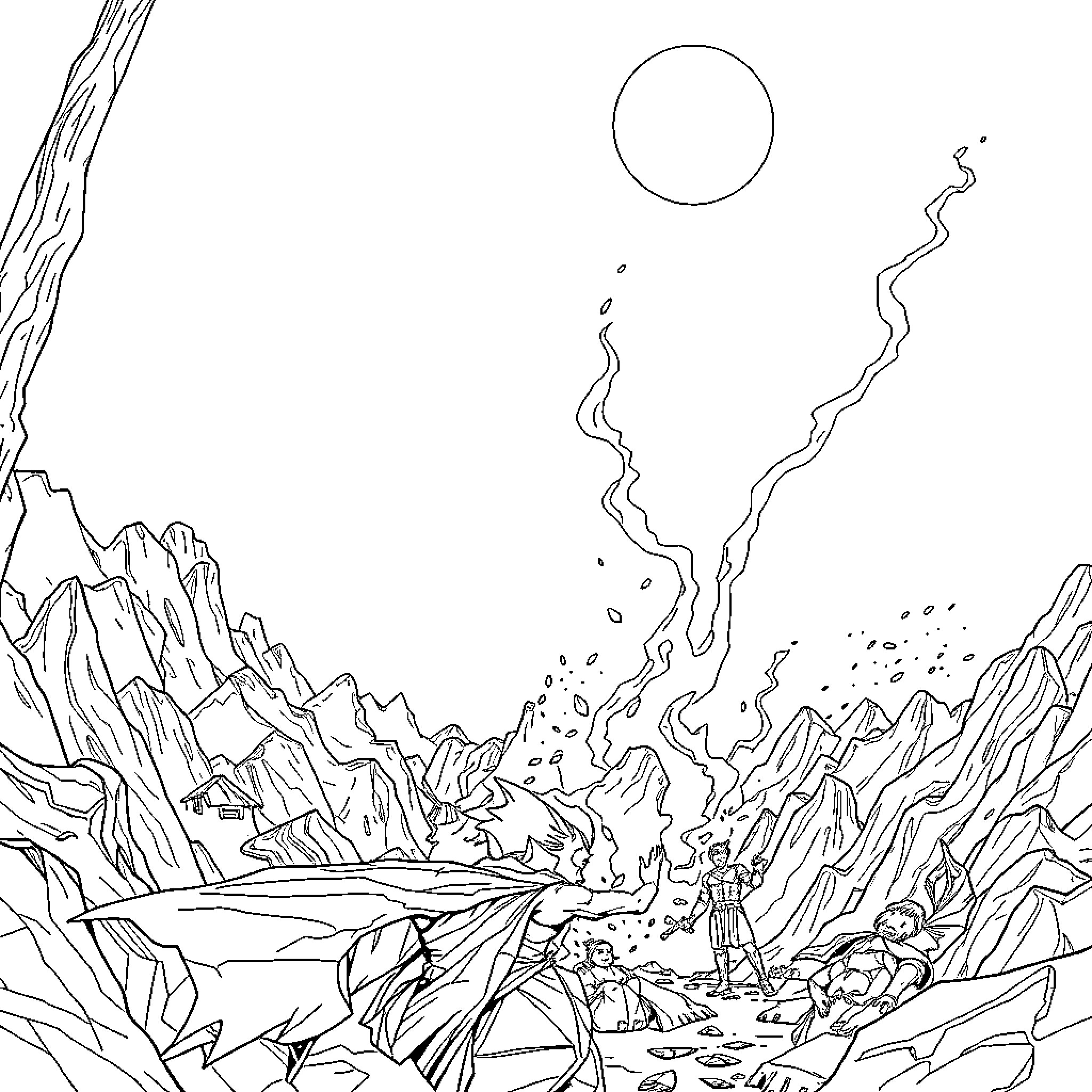 Edge Chronicles: Fantastical Landscape with Mysterious Figures Coloring Page (free black-and-white line drawing printable PDF for all, from beginners to advanced learners, including children, teens, adults, and seniors)