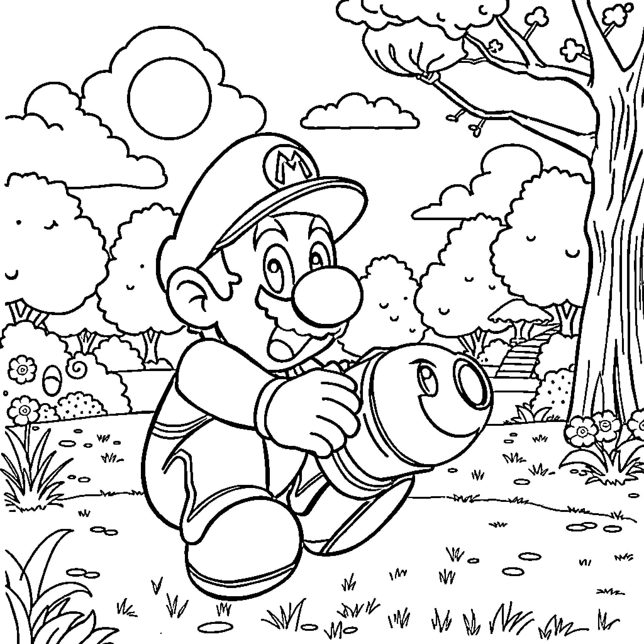Mario exploring the vibrant outdoor landscape Coloring Page (free black-and-white line drawing printable PDF for all, from beginners to advanced learners, including children, teens, adults, and seniors)