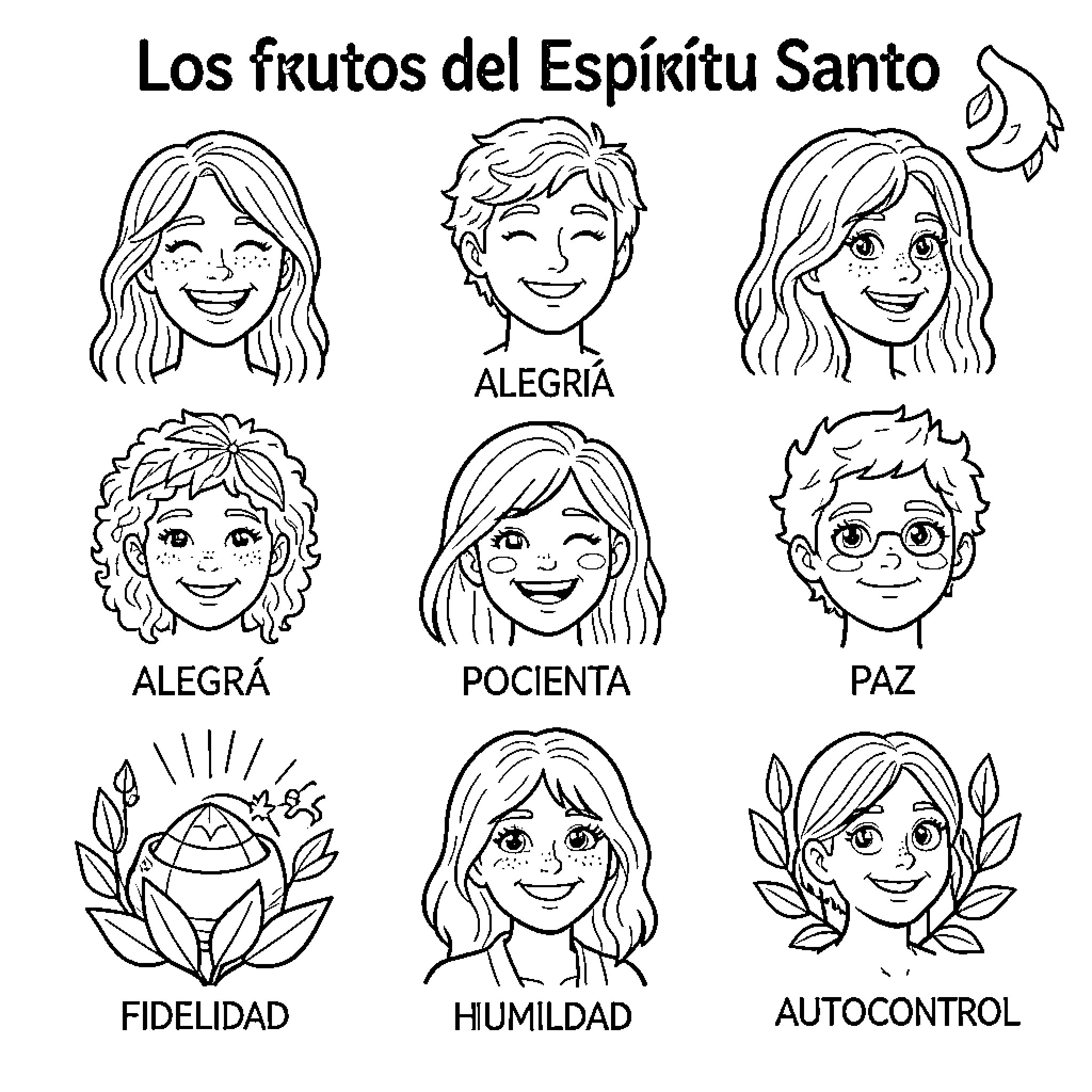 Fruit of the Holy Spirit: Faces and Expressions Coloring Page (free black-and-white line drawing printable PDF for all, from beginners to advanced learners, including children, teens, adults, and seniors)
