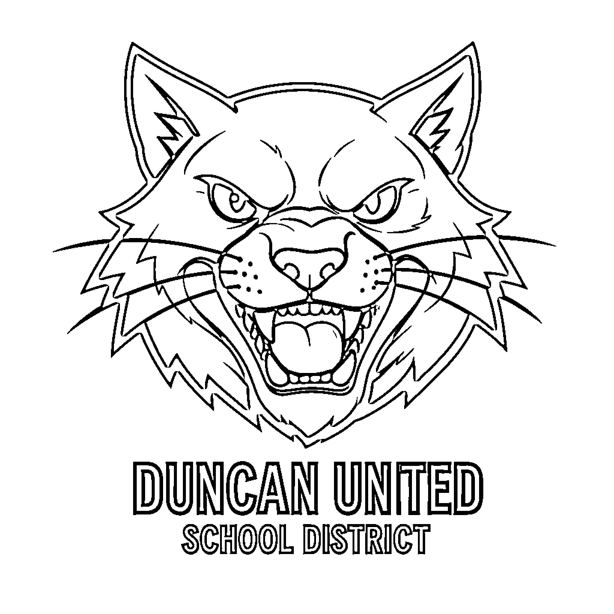 Wildcat mascot of Duncan United School District Coloring Page (free black-and-white line drawing printable PDF for all, from beginners to advanced learners, including children, teens, adults, and seniors)