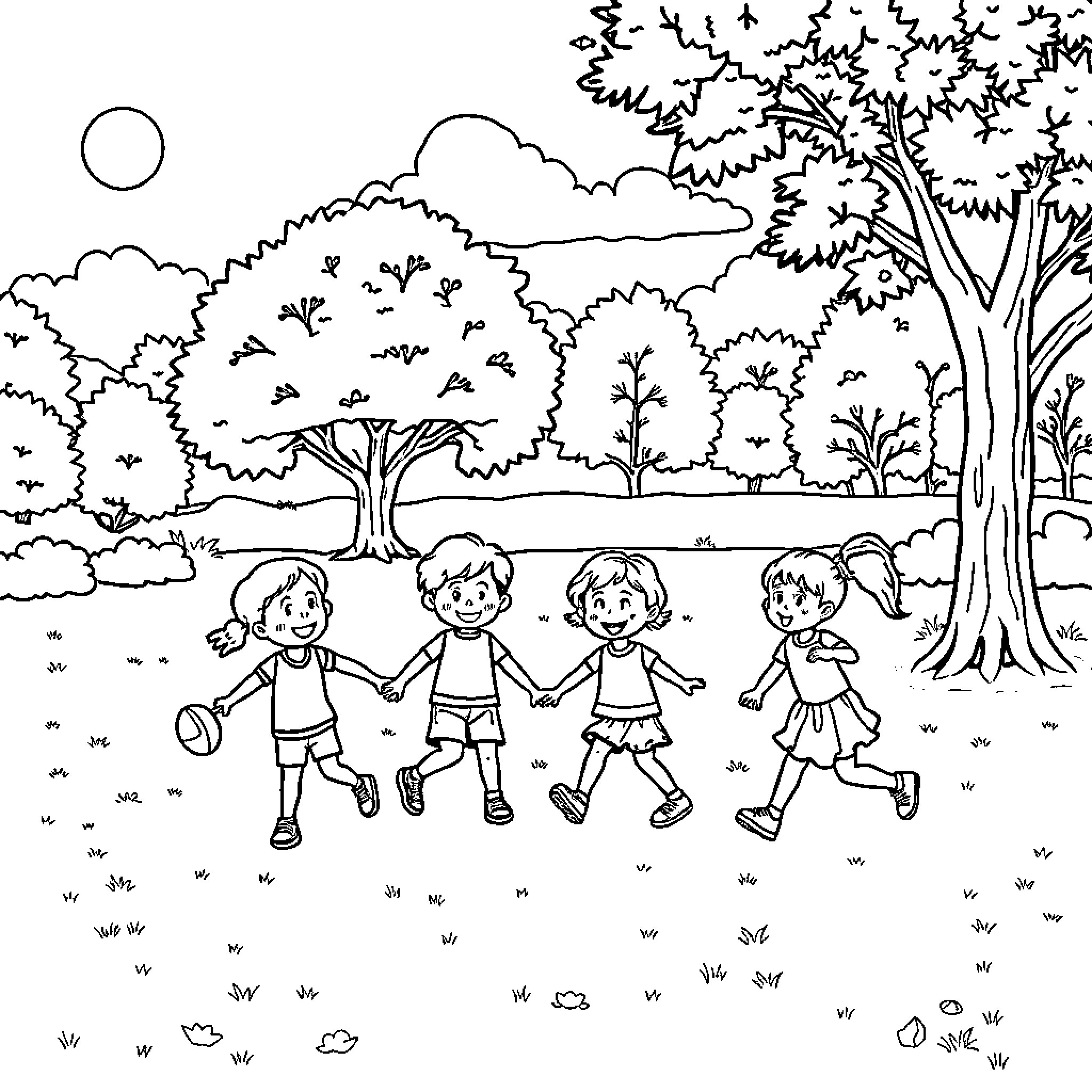 Kid Playing and Exploring Nature Together Coloring Page (free black-and-white line drawing printable PDF for all, from beginners to advanced learners, including children, teens, adults, and seniors)